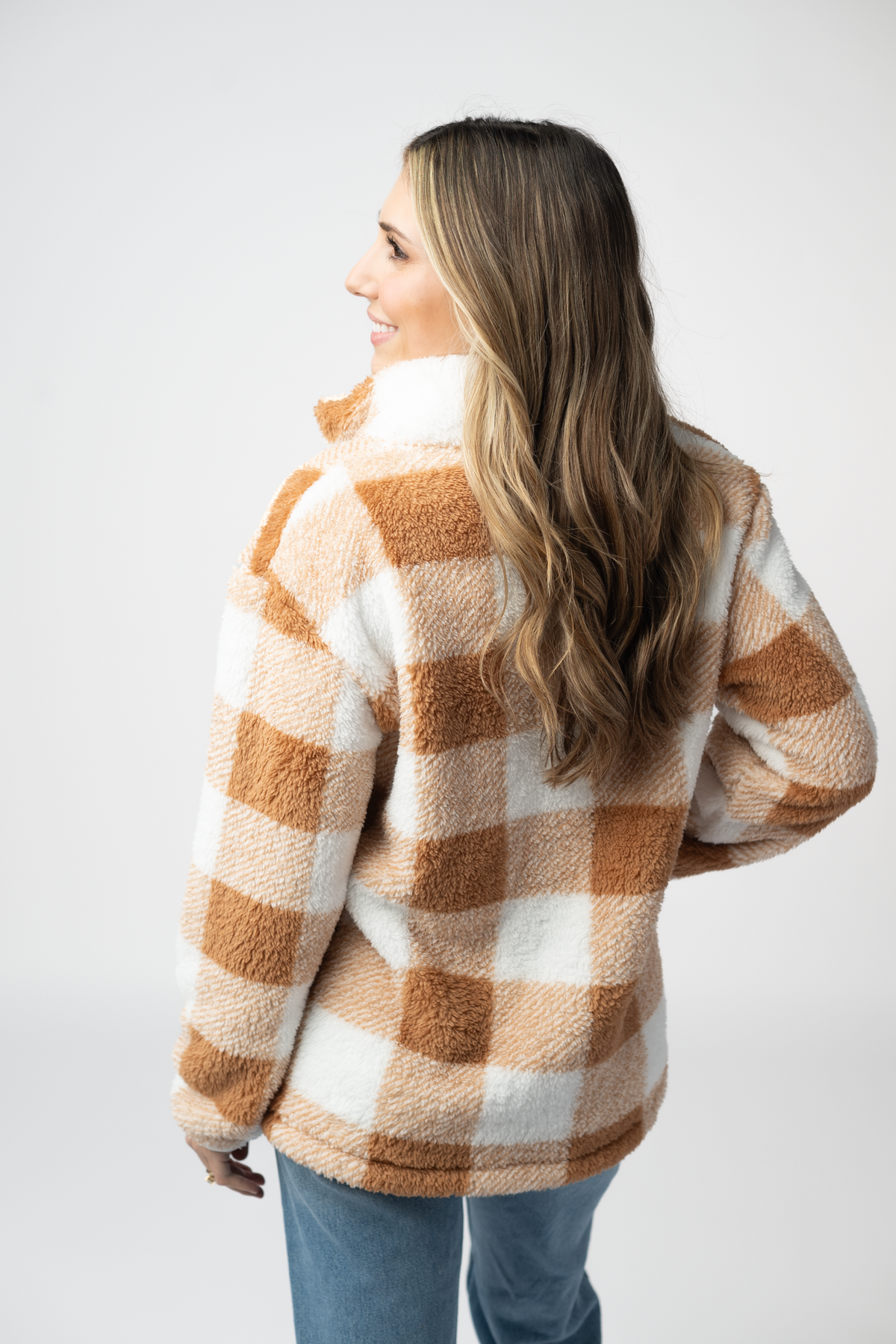 Camel White Sherpa Plaid Pullover Jacket With Front Zipper And Hidden Pockets