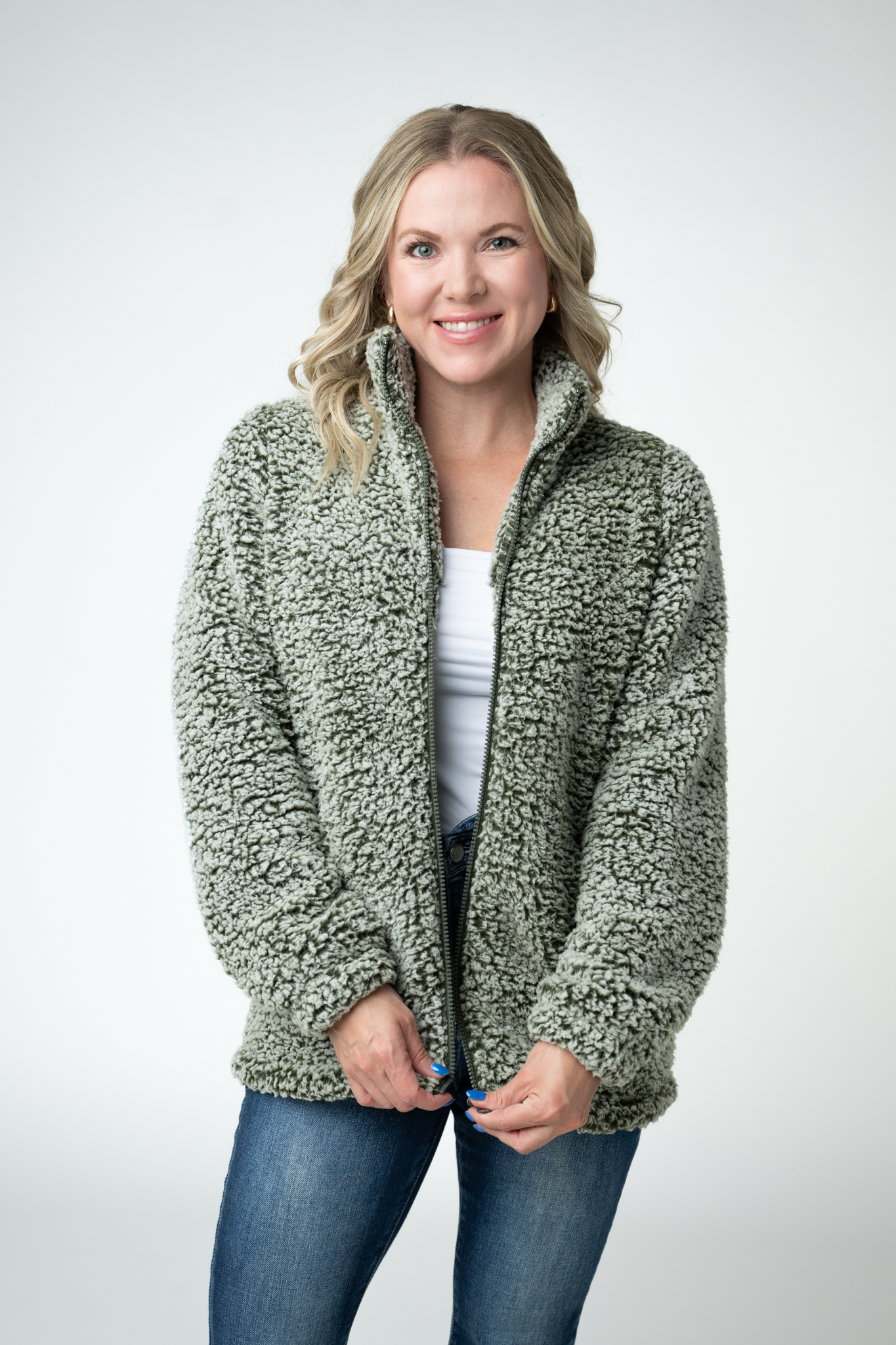Two Tone Fullzip Sherpa - Olive and White by Michelle Mae
