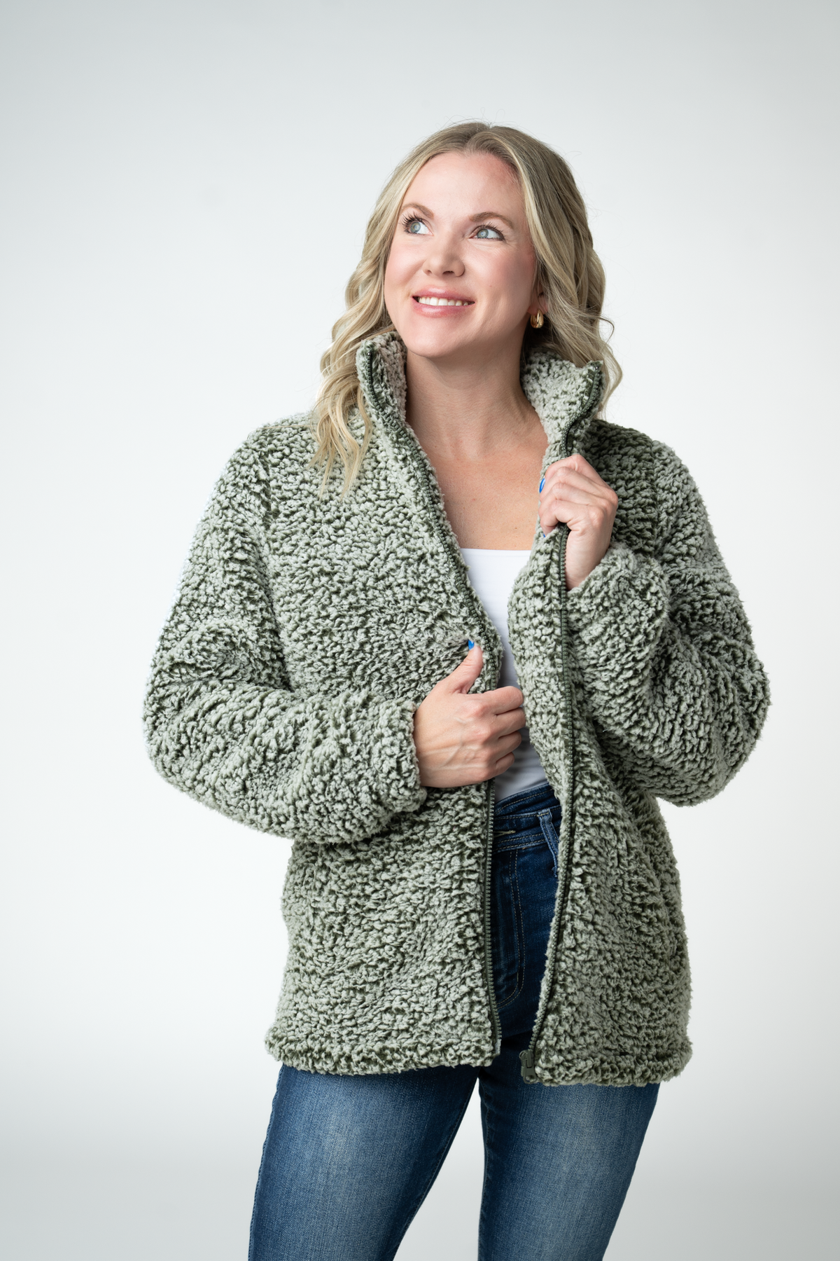 IN STOCK Two Tone Fullzip Sherpa - Olive and White by Michelle Mae