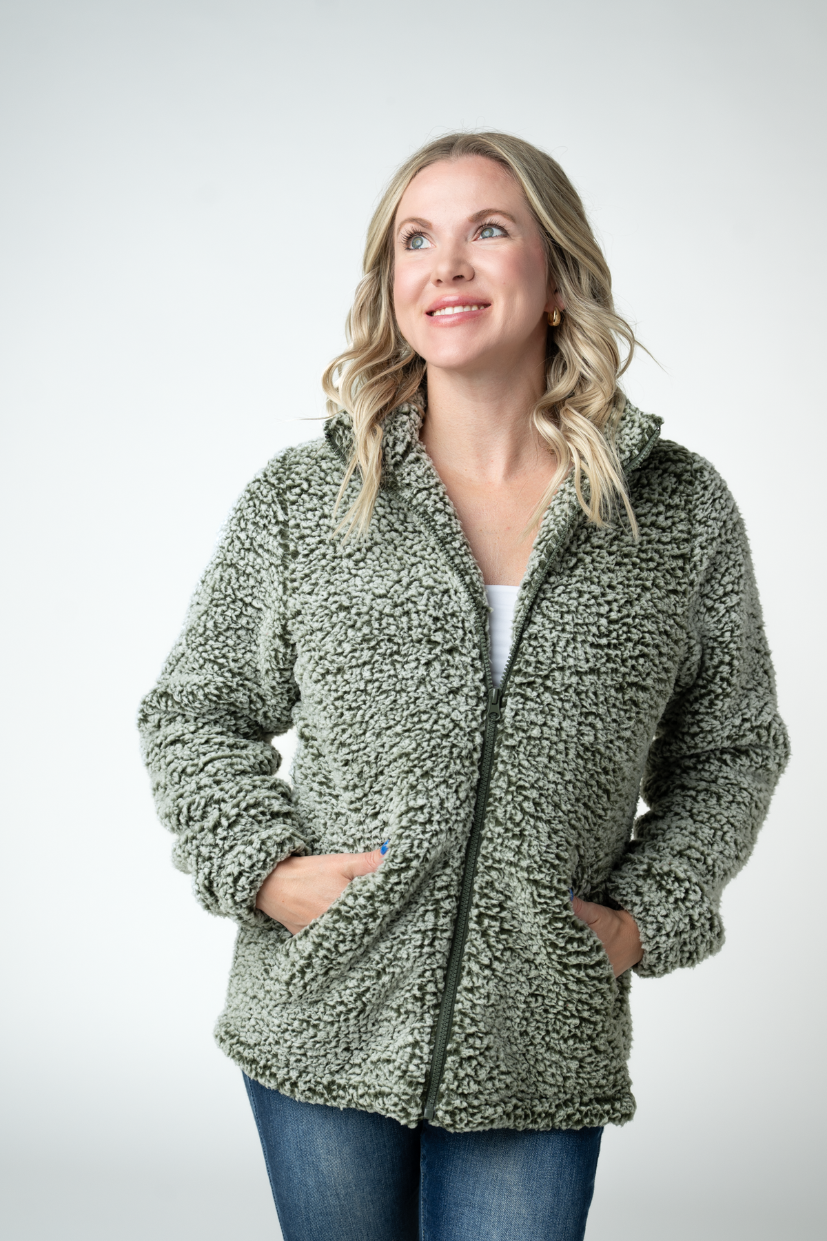 IN STOCK Two Tone Fullzip Sherpa - Olive and White by Michelle Mae
