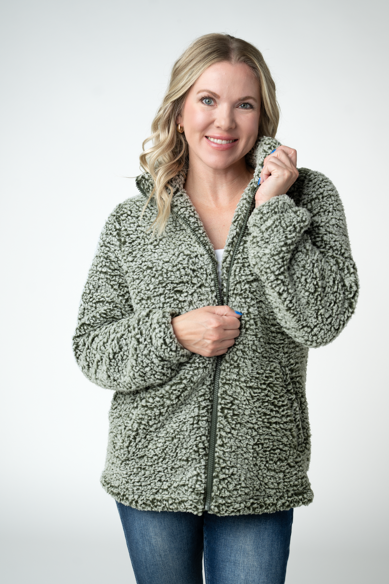 IN STOCK Two Tone Fullzip Sherpa - Olive and White by Michelle Mae