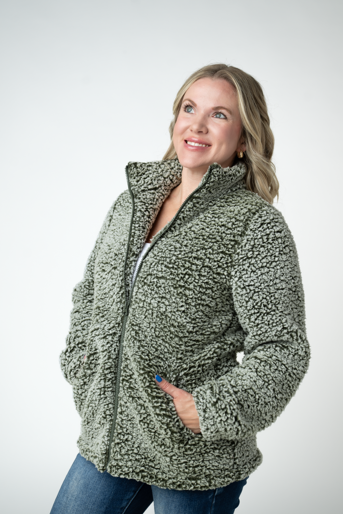 IN STOCK Two Tone Fullzip Sherpa - Olive and White by Michelle Mae
