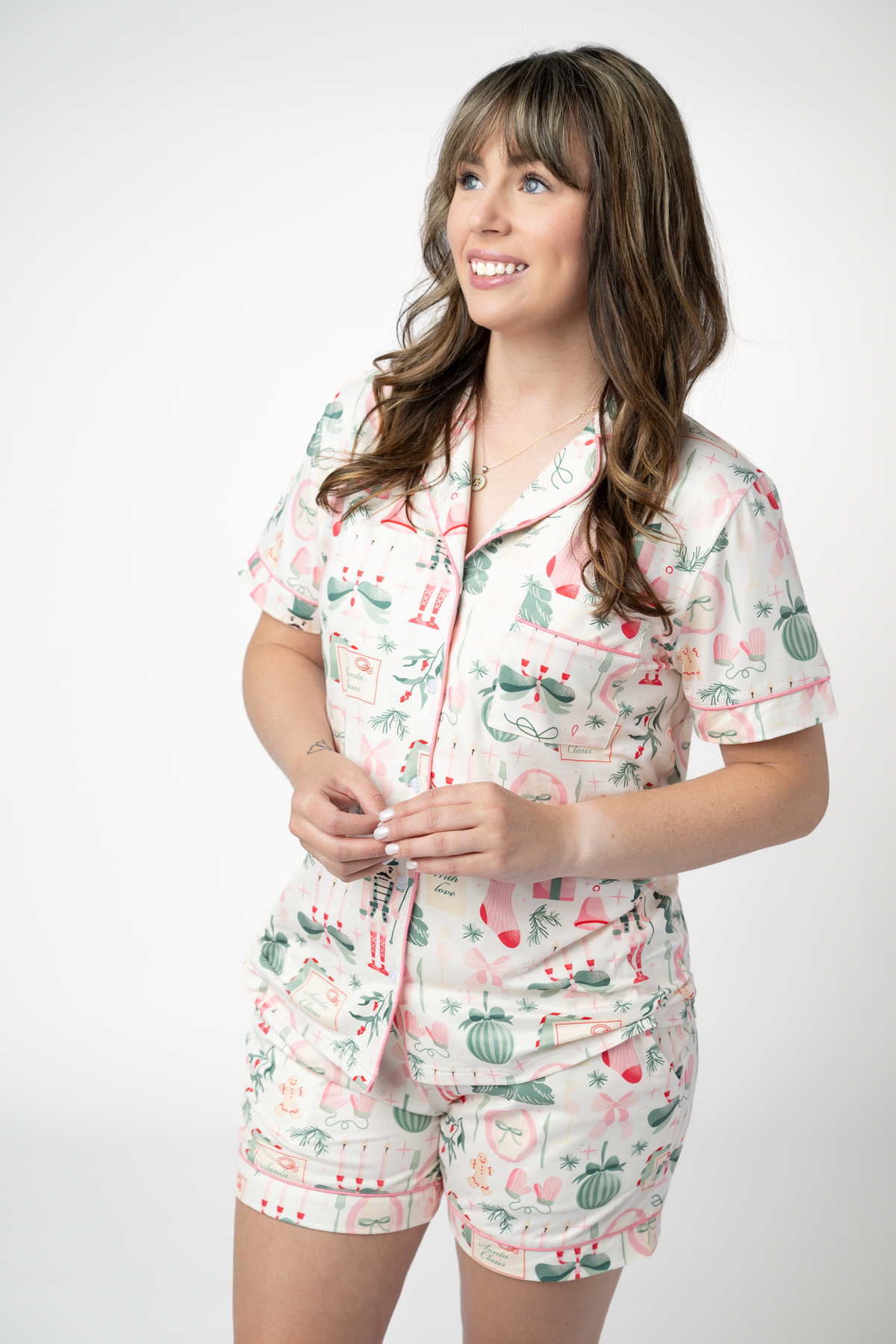 IN STOCK Brooke Top and Shorts Pajama Set - Pink Pine Noel by Michelle Mae