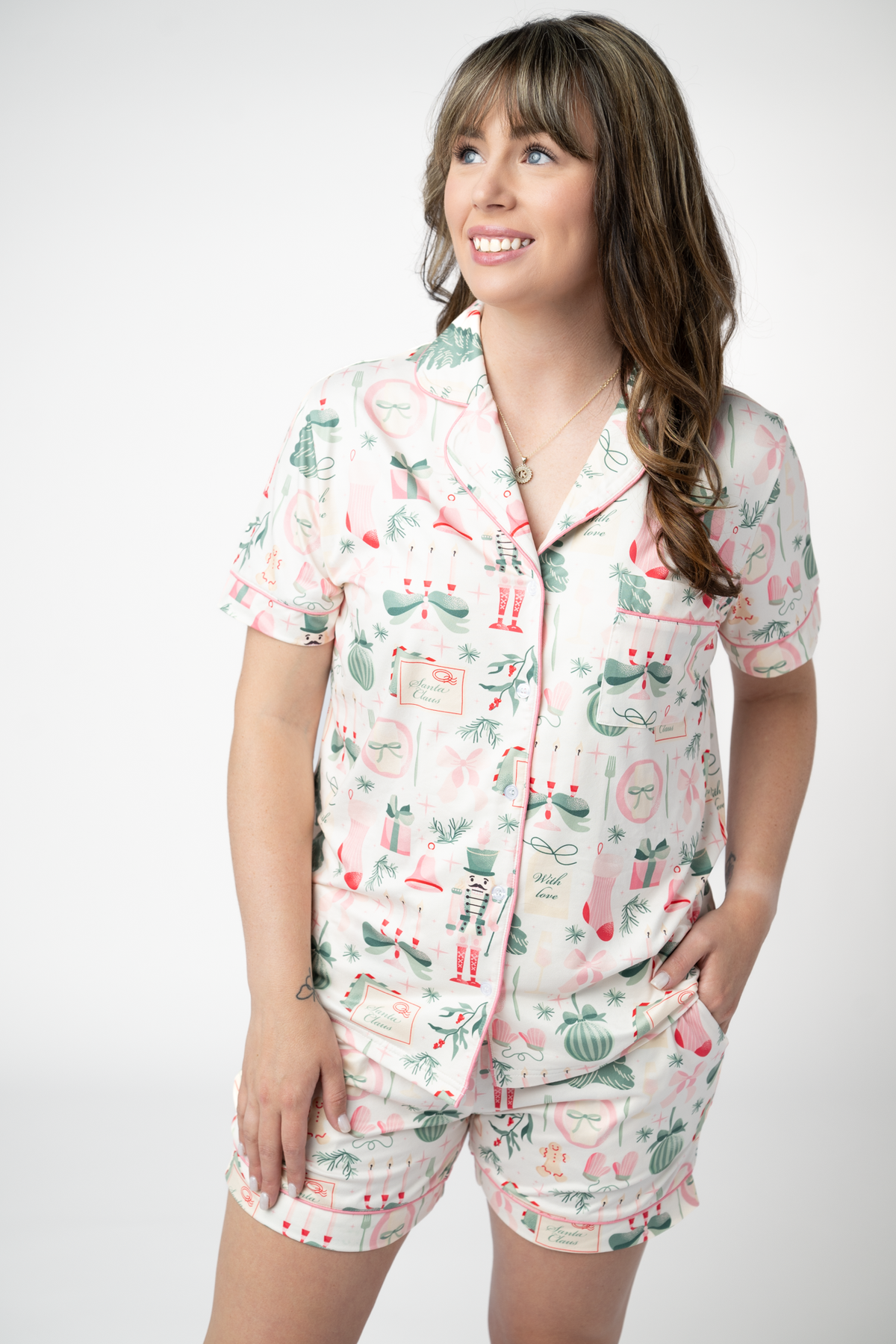 IN STOCK Brooke Top and Shorts Pajama Set - Pink Pine Noel by Michelle Mae