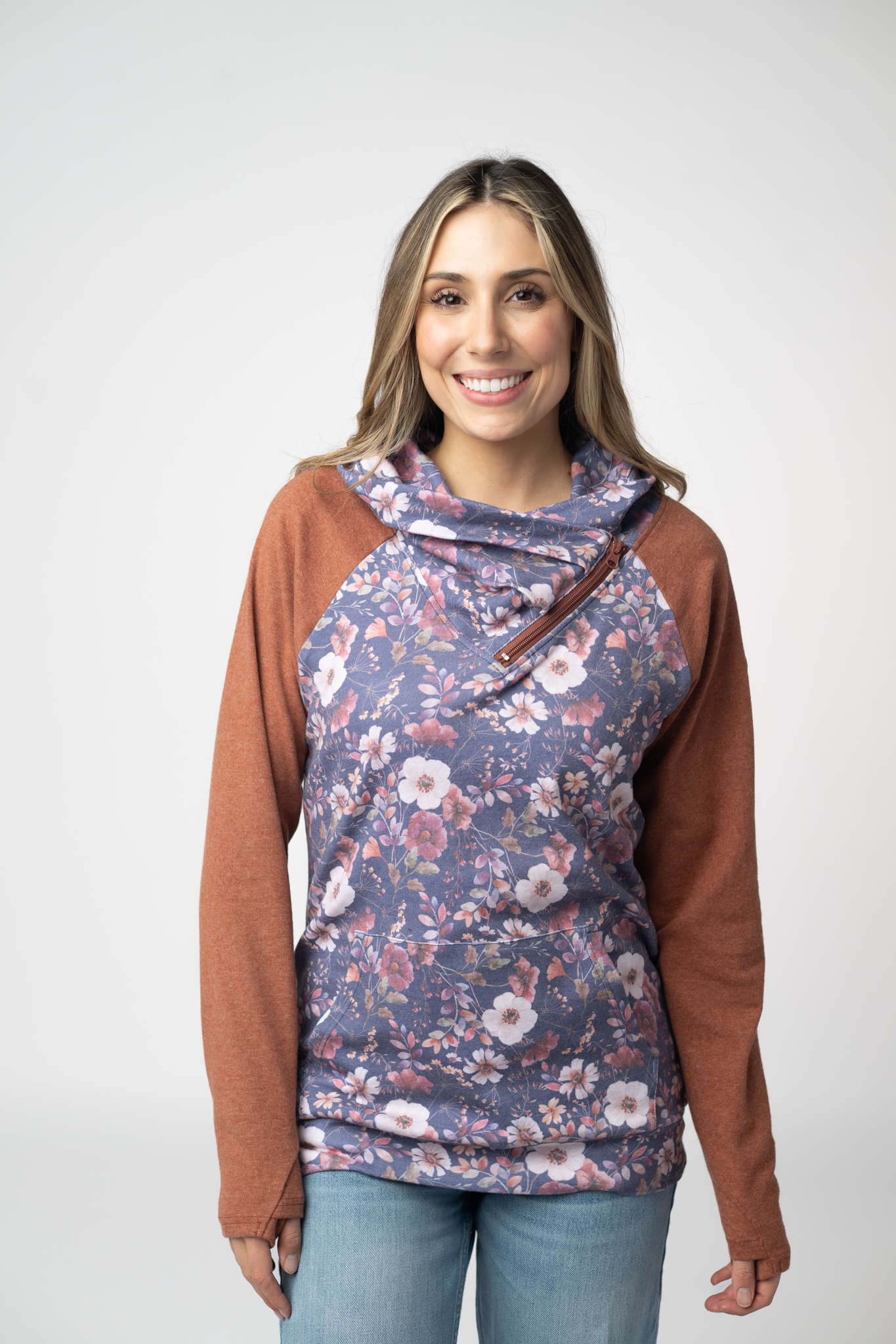 Classic Zoey ZipCowl Sweatshirt - Blushwood Floral and Terra Cotta by Michelle Mae