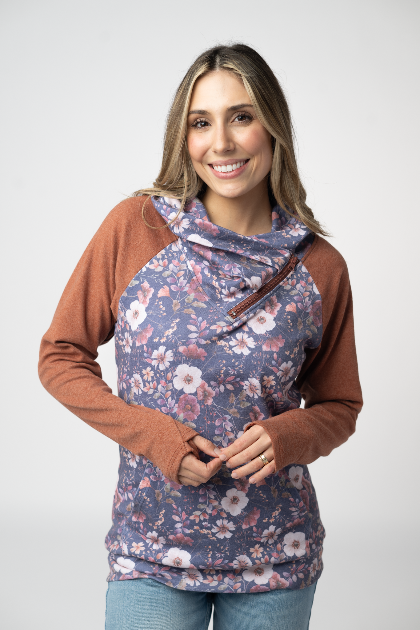 Classic Zoey ZipCowl Sweatshirt - Blushwood Floral and Terra Cotta by Michelle Mae