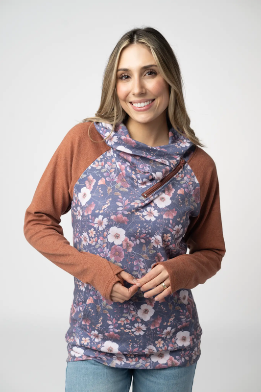 Classic Zoey ZipCowl Sweatshirt - Blushwood Floral and Terra Cotta by Michelle Mae