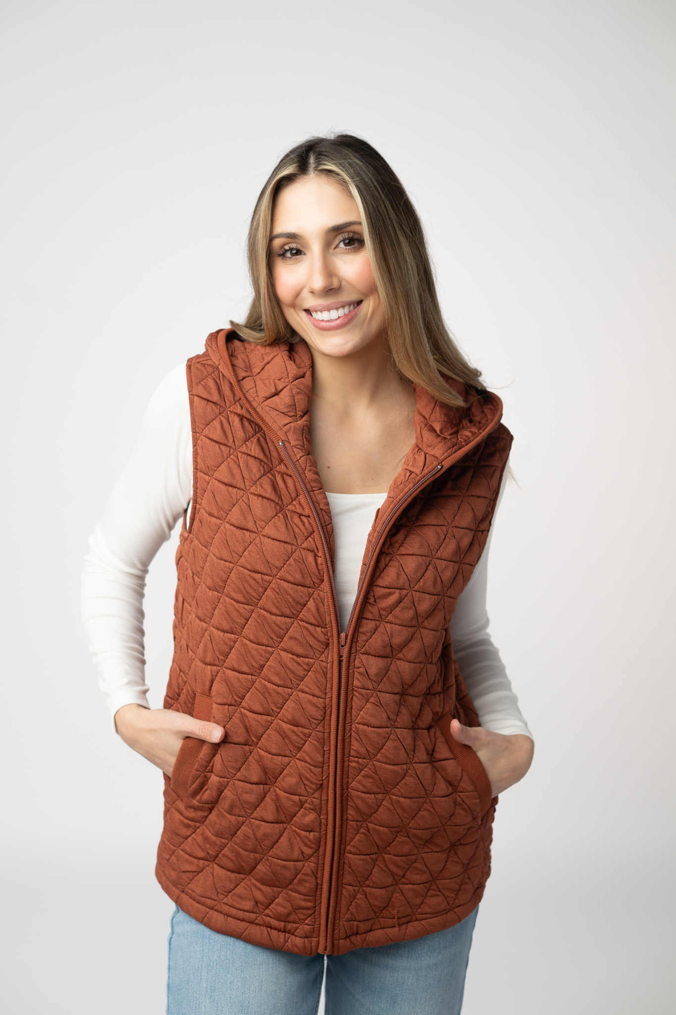 Heather Geometric Hooded Vest - Rust by Michelle Mae