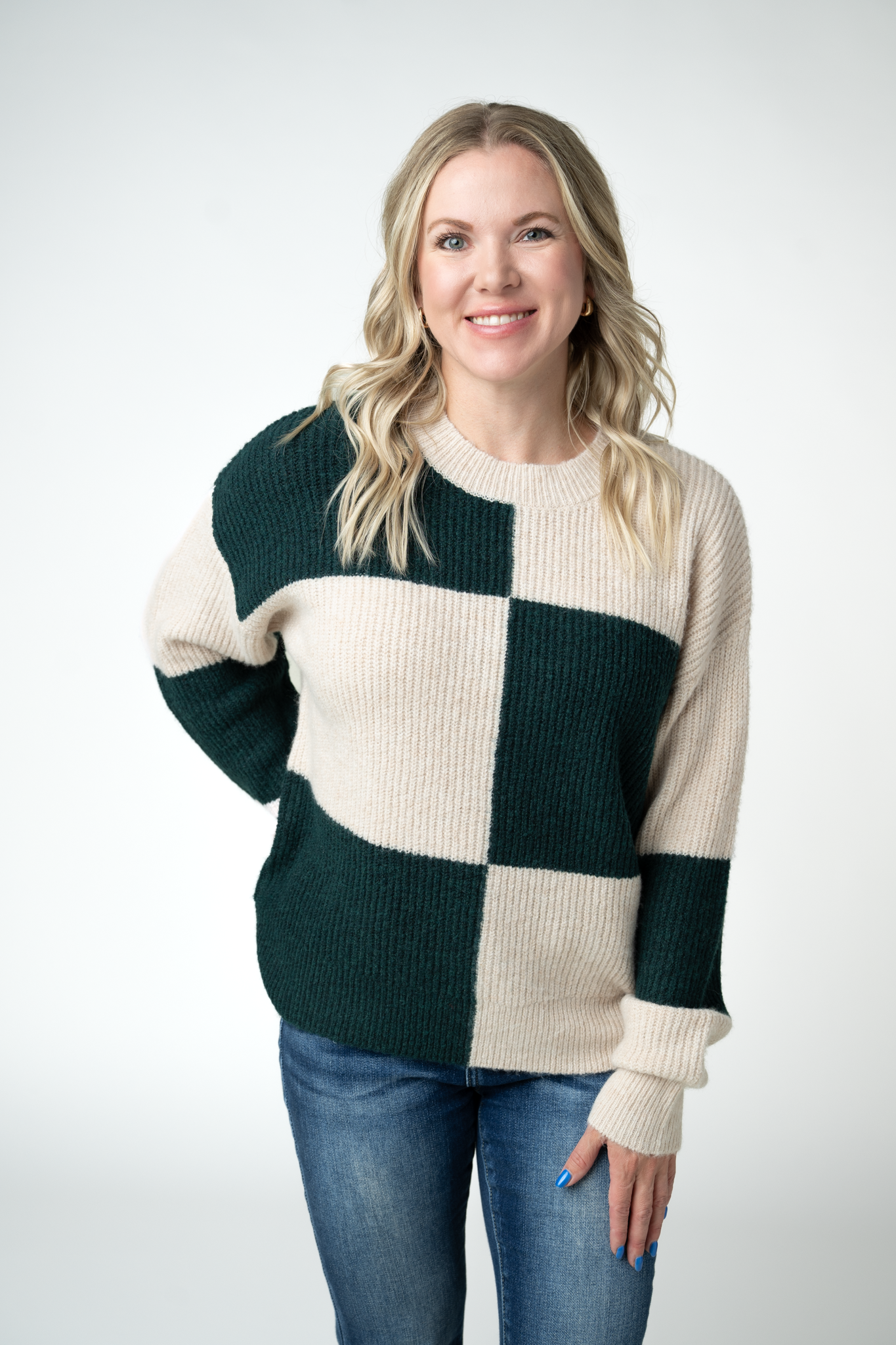 IN STOCK Checkered Block Sweater - Cream and Evergreen by Michelle Mae