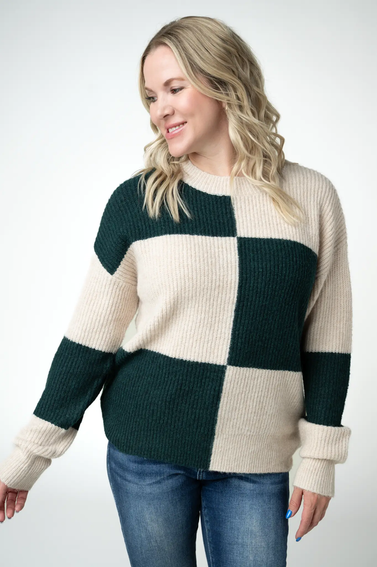 Checkered Block Sweater - Cream and Evergreen by Michelle Mae
