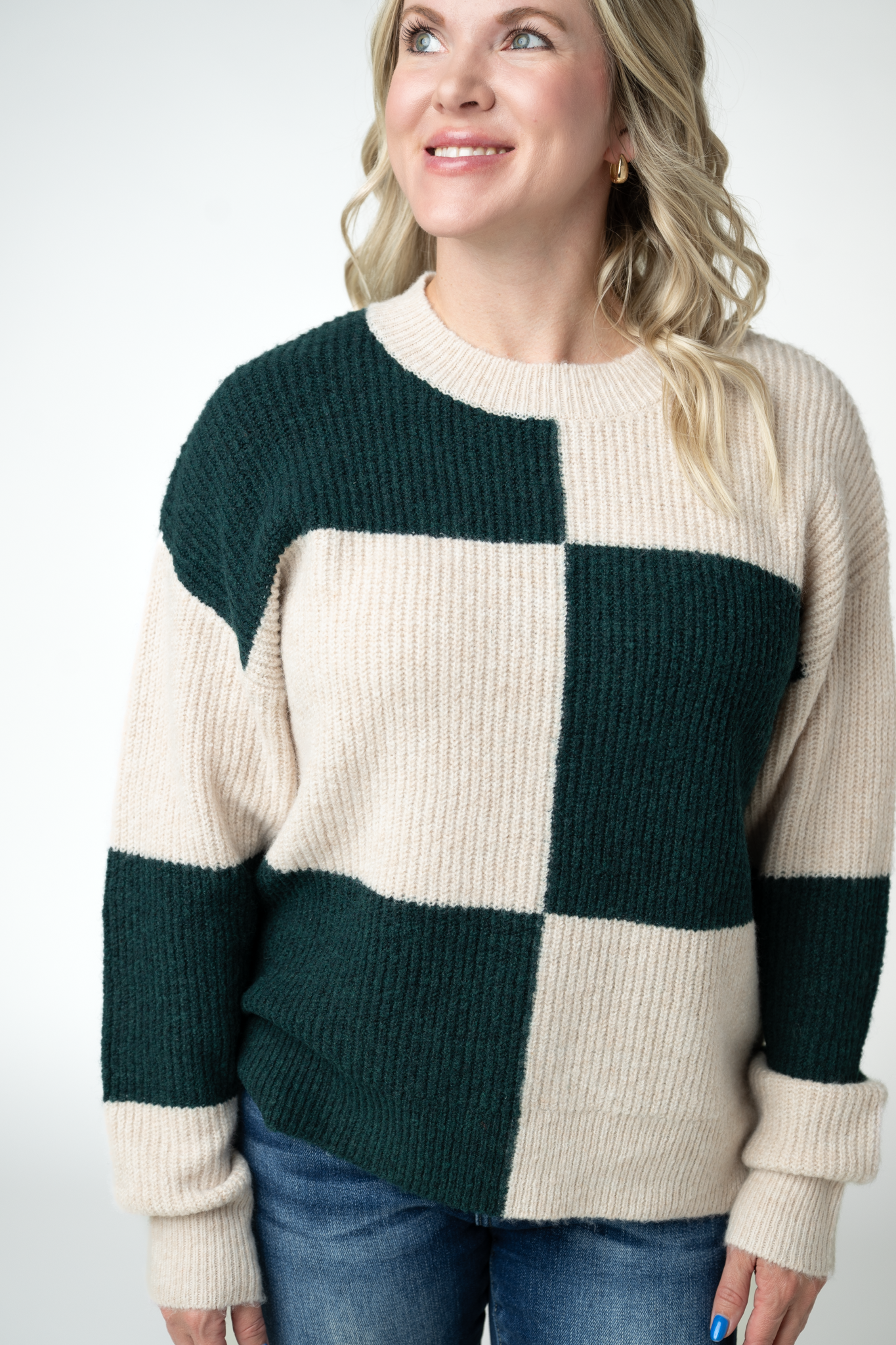 IN STOCK Checkered Block Sweater - Cream and Evergreen by Michelle Mae