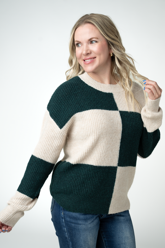 IN STOCK Checkered Block Sweater - Cream and Evergreen by Michelle Mae