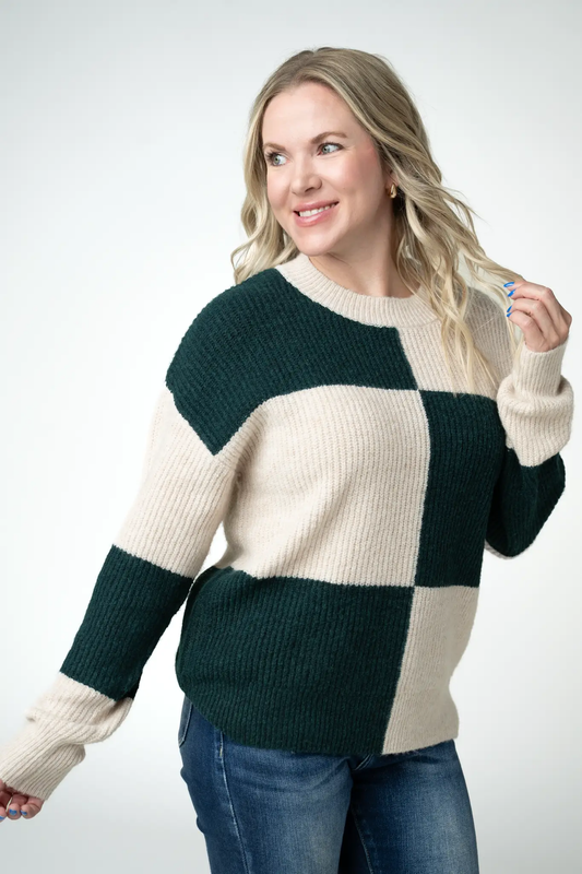 Checkered Block Sweater - Cream and Evergreen by Michelle Mae