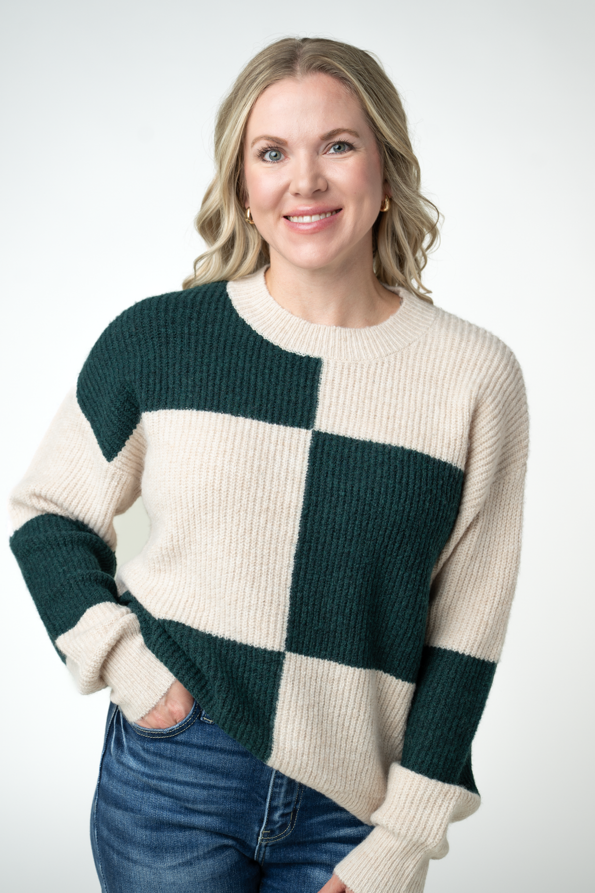 IN STOCK Checkered Block Sweater - Cream and Evergreen by Michelle Mae