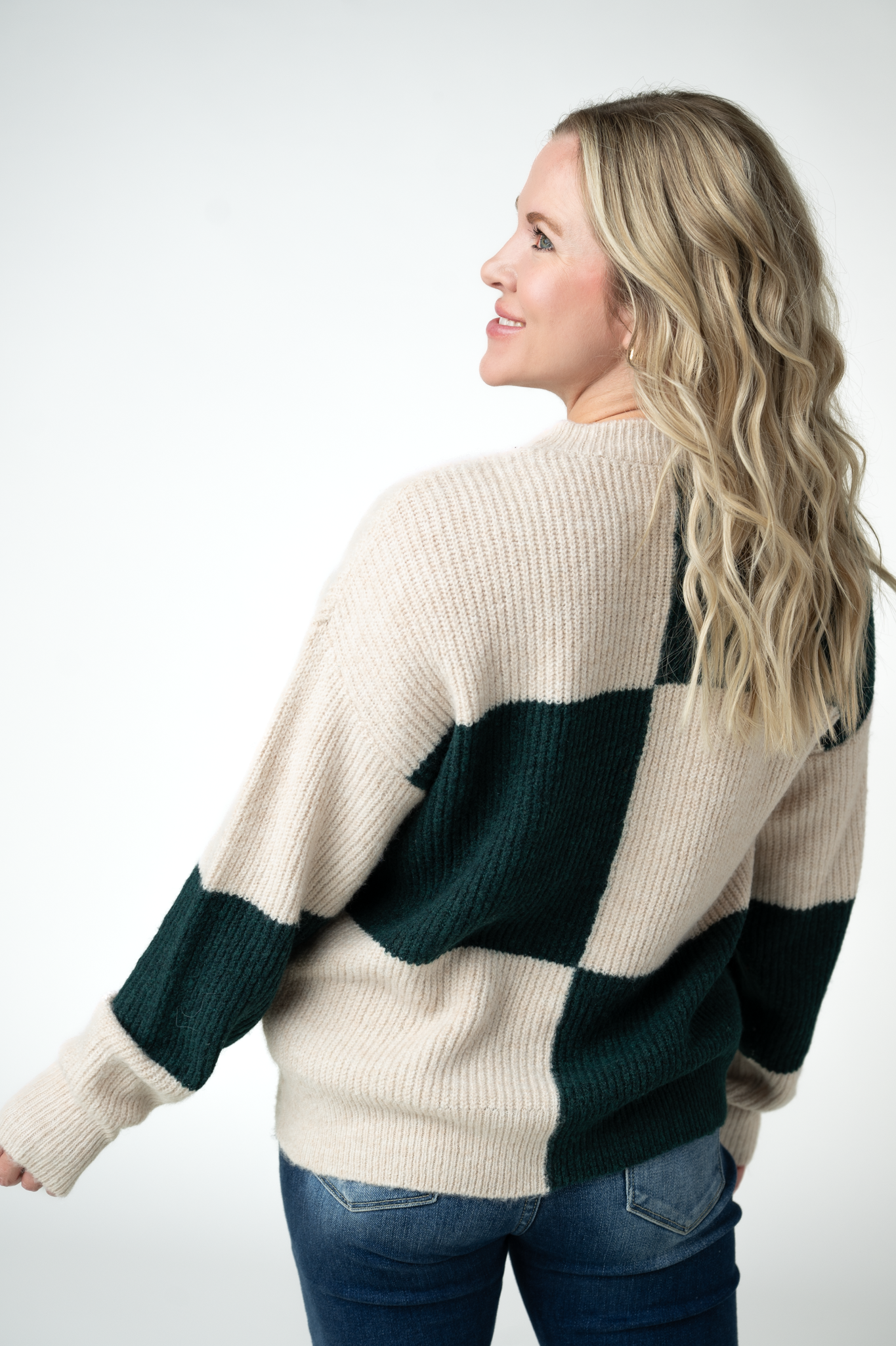 IN STOCK Checkered Block Sweater - Cream and Evergreen by Michelle Mae