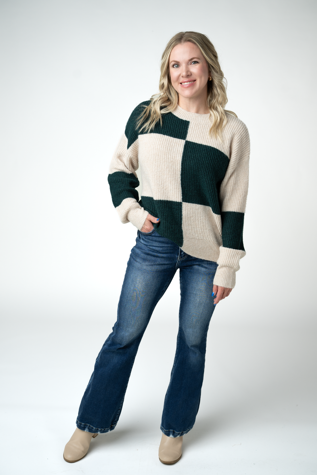 IN STOCK Checkered Block Sweater - Cream and Evergreen by Michelle Mae