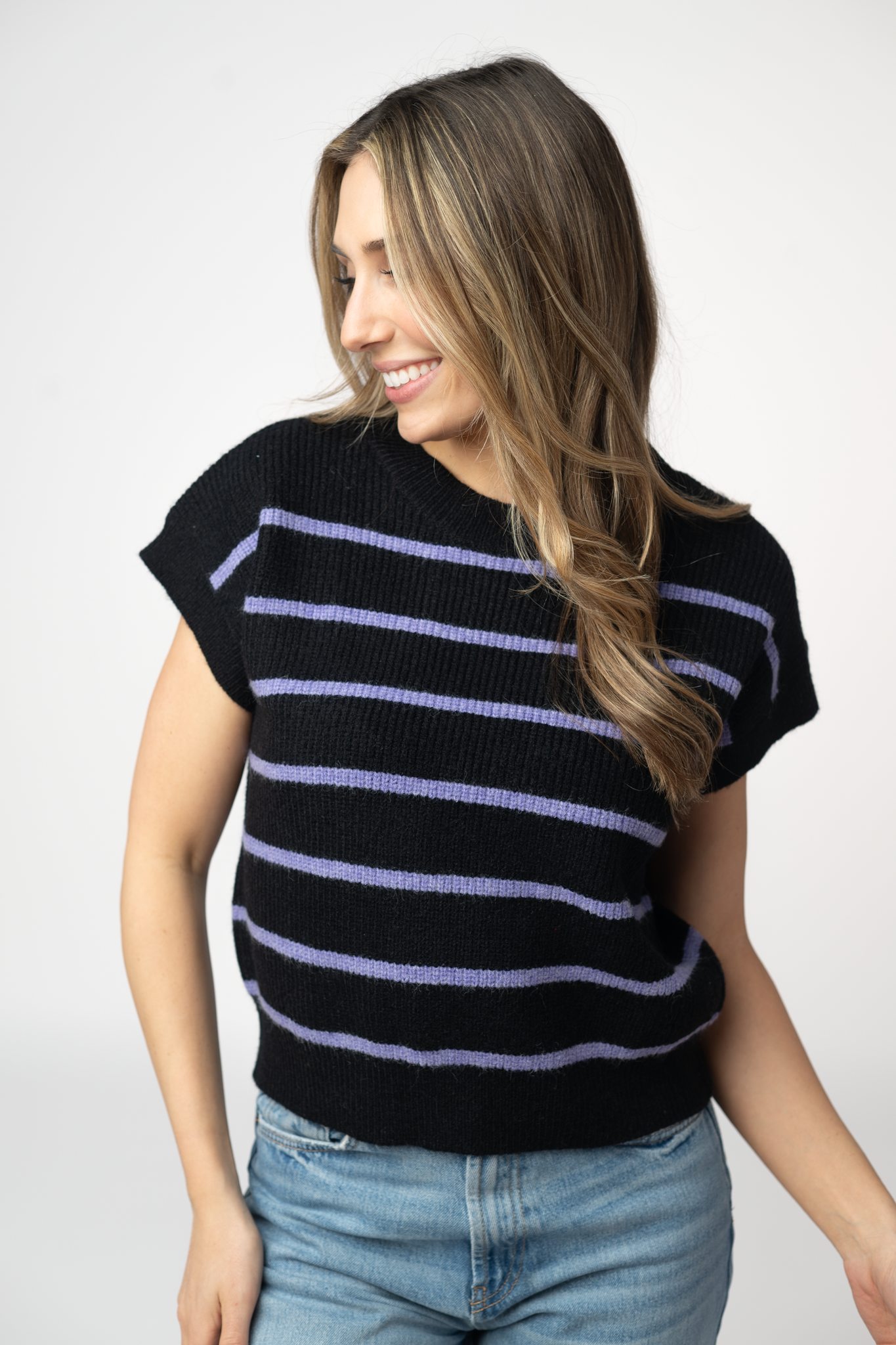 IN STOCK Striped Sweater Top - Black and Purple by Michelle Mae