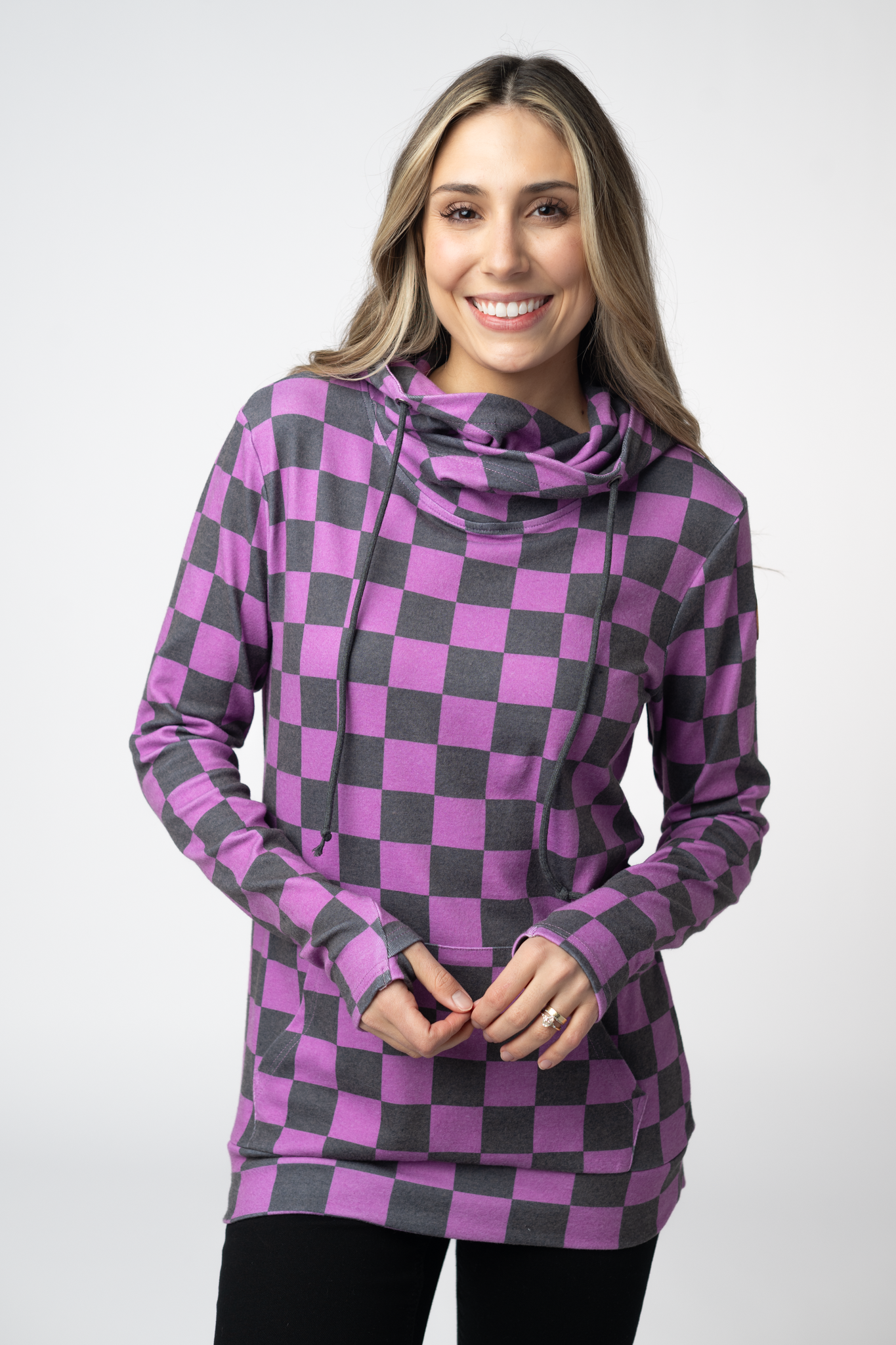 Ashley Hoodie - Black and Purple Checkers by Michelle Mae