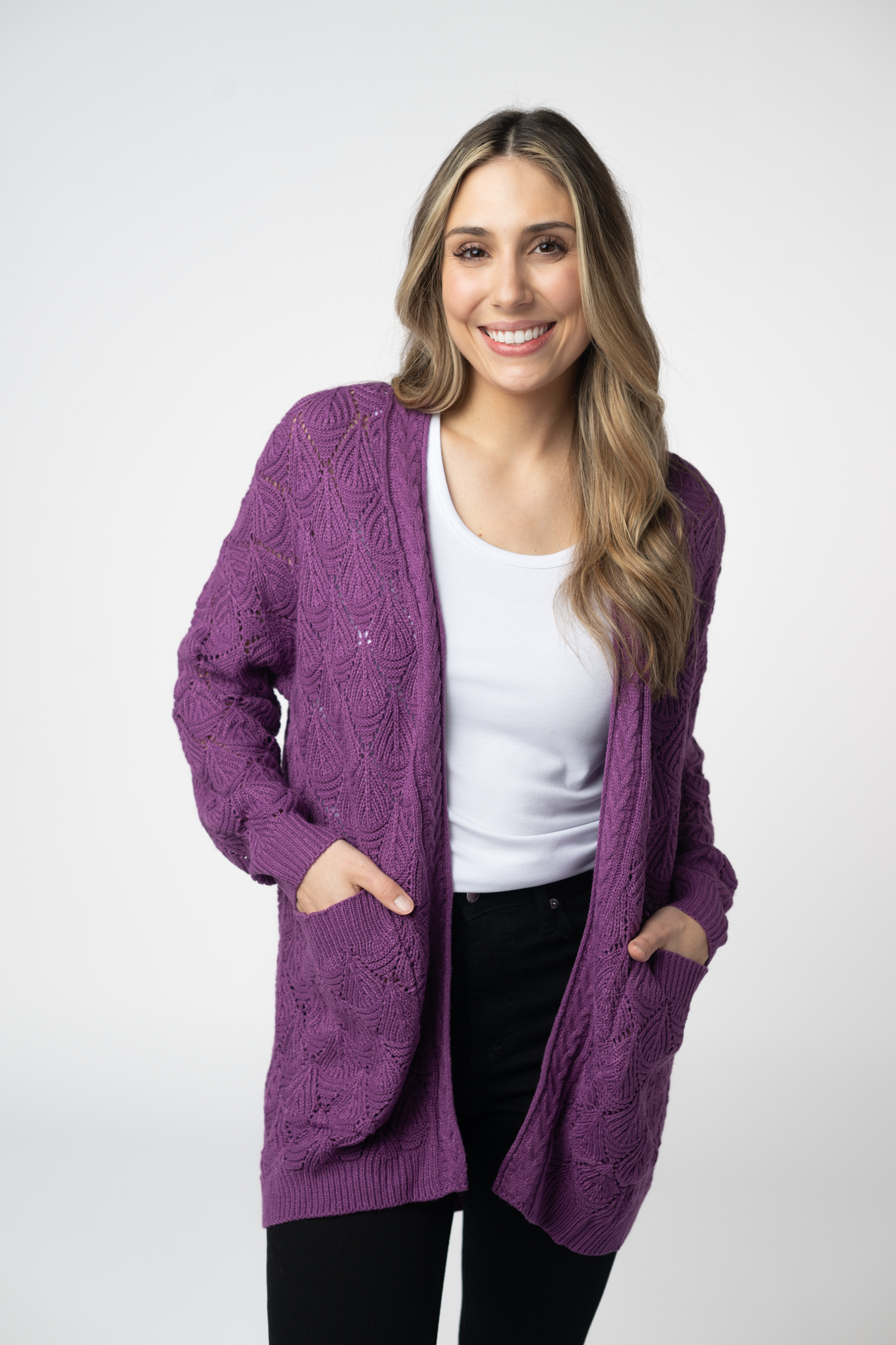 Cozy Open Knit Cardigan With Two Pockets Soft Acrylic Sweater Purple