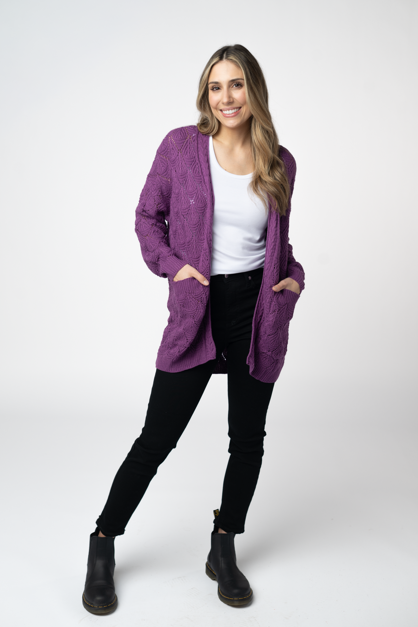 Cozy Open Knit Cardigan With Two Pockets Soft Acrylic Sweater Purple