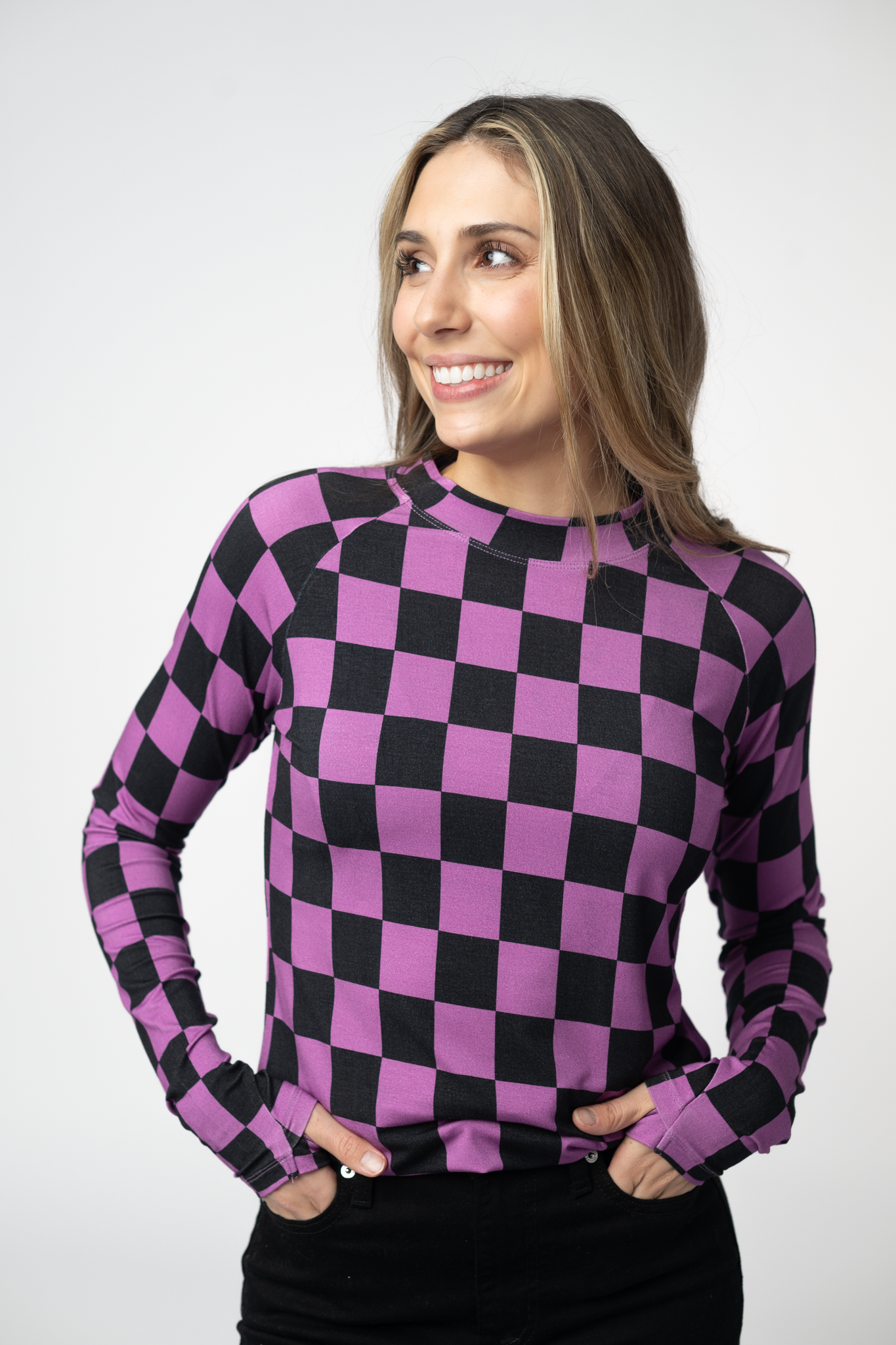 Blair Long Sleeve Top - Black and Purple Checkers by Michelle Mae