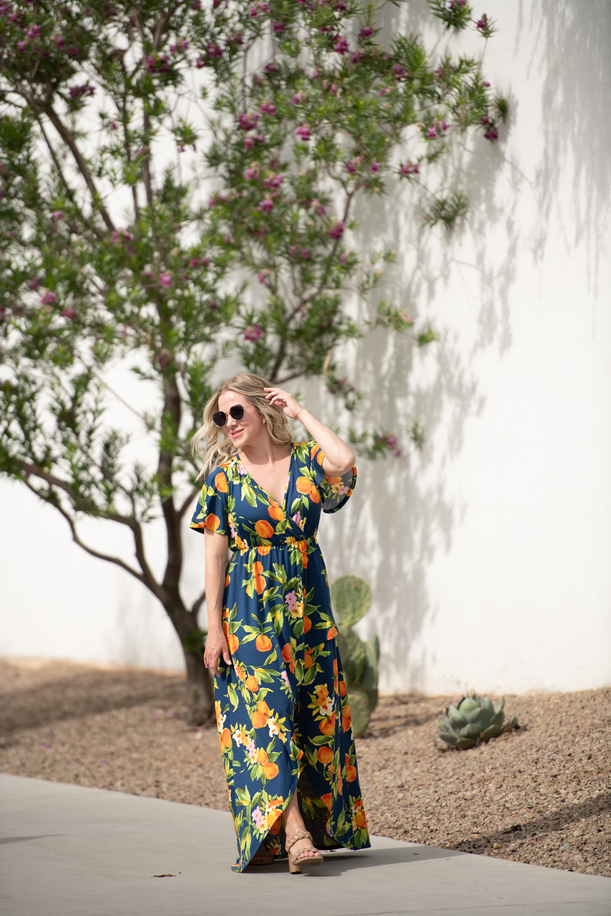 Harley Navy Citrus High Low Dress With Crossover Neckline And Pockets