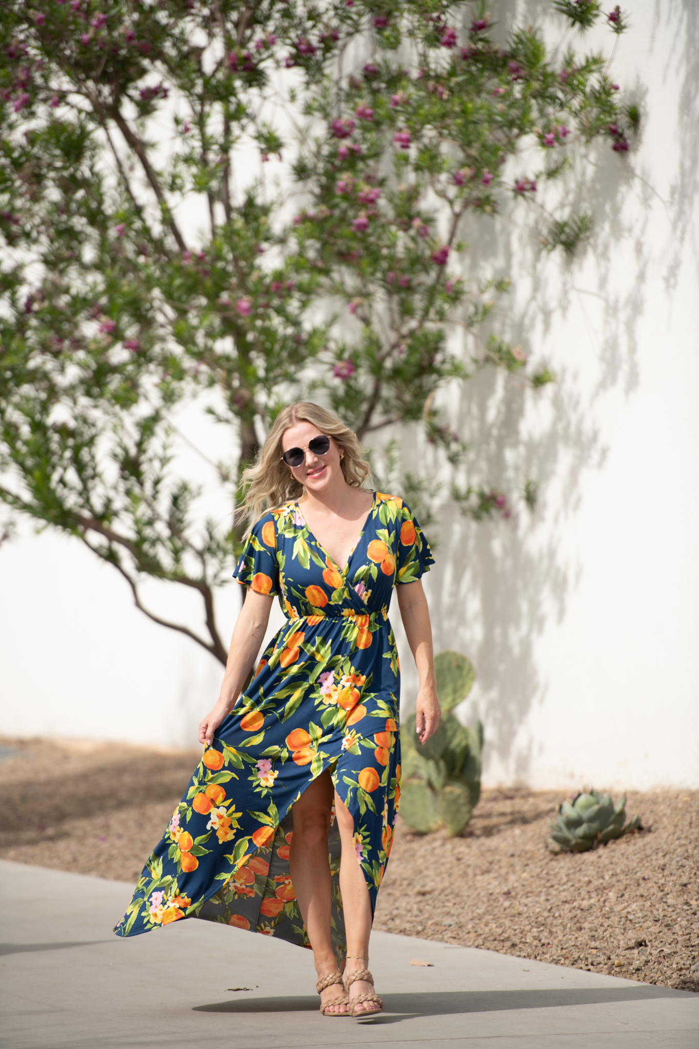 Harley Navy Citrus High Low Dress With Crossover Neckline And Pockets