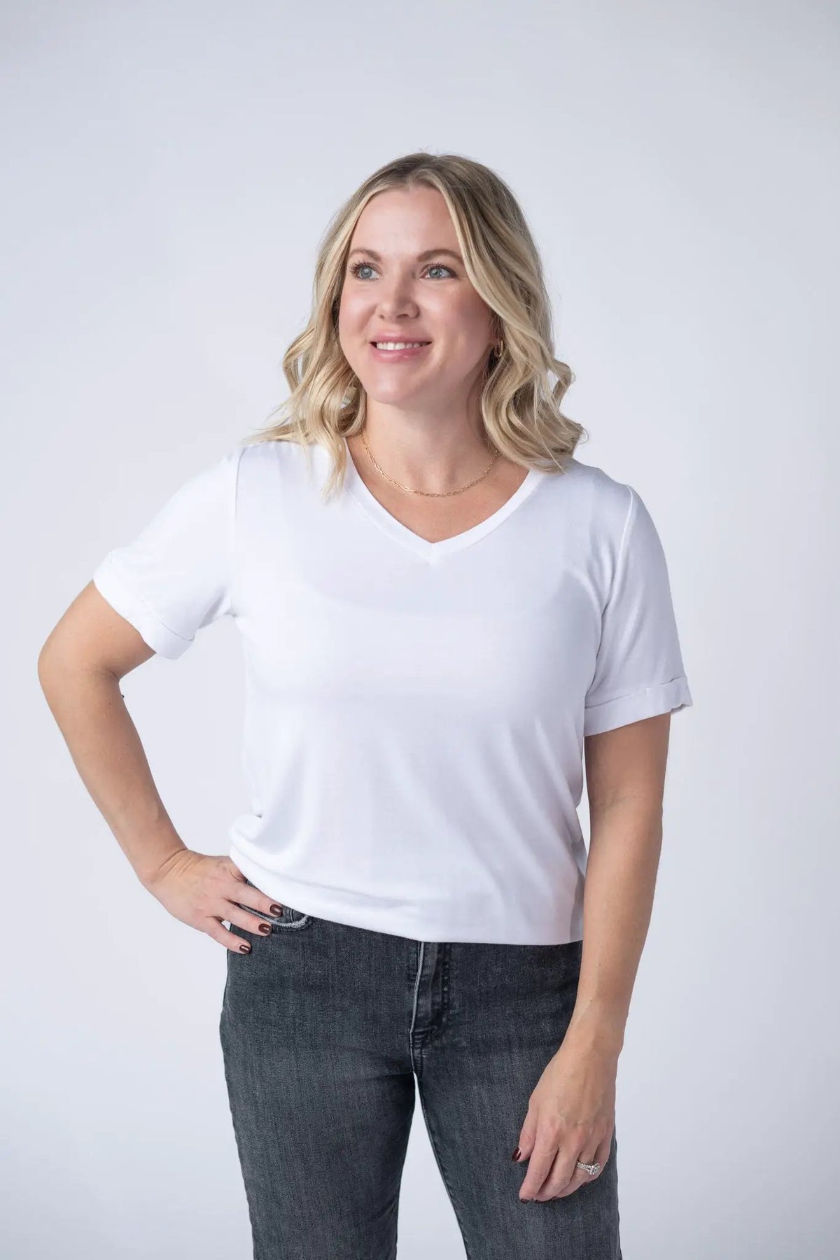 Sophie White V Neck Tee With Cuffed Sleeves And Soft Stretch Fabric