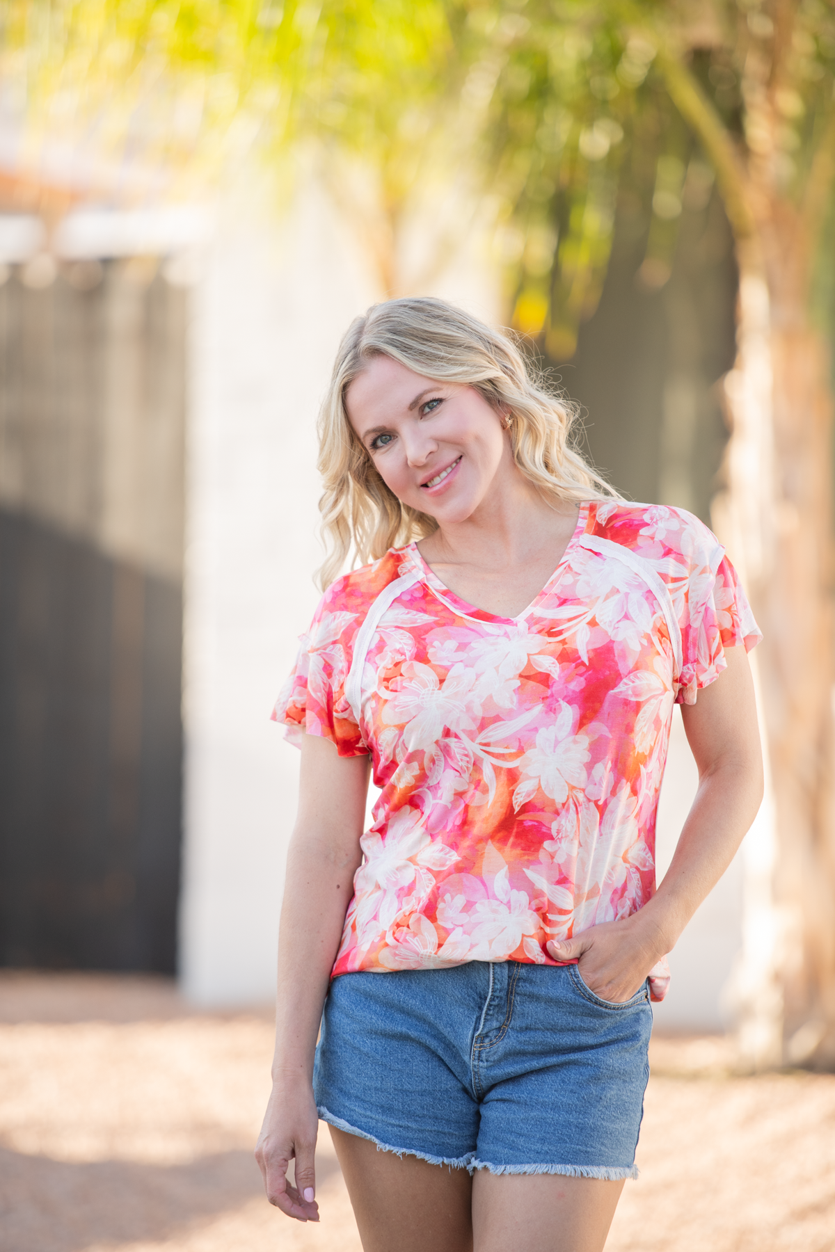 IN STOCK Raelynn V-Neck Top - Sunset Tropical Floral FINAL SALE by Michelle Mae