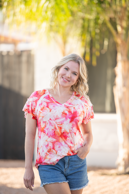 IN STOCK Raelynn V-Neck Top - Sunset Tropical Floral FINAL SALE by Michelle Mae