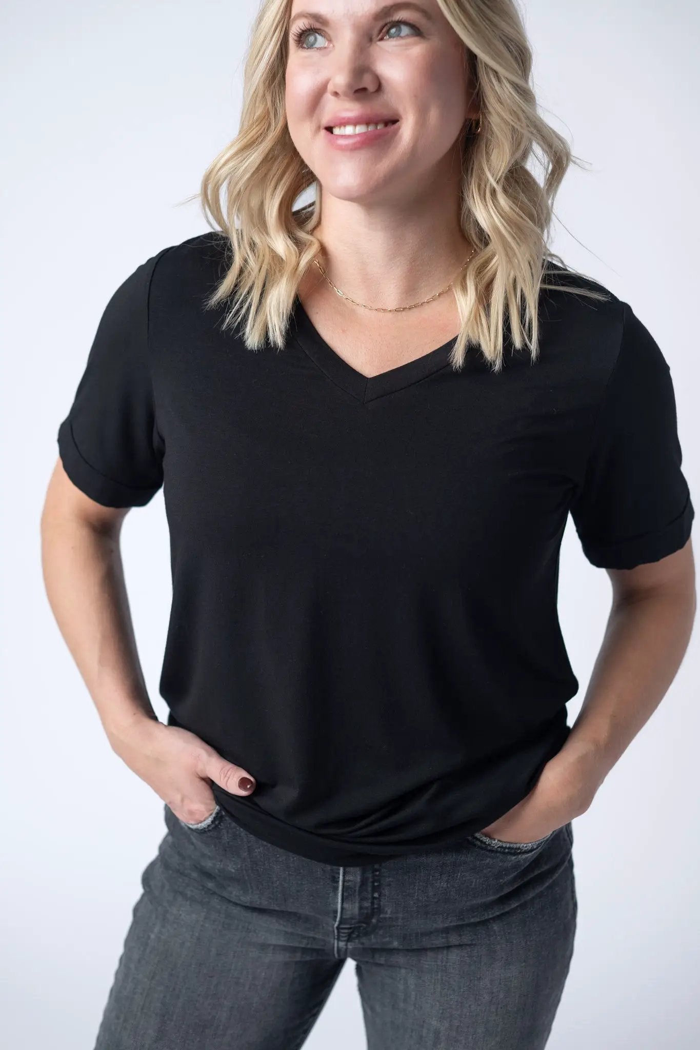 Womens Sophie V Neck Short Sleeve Tee Black Soft Stretch Casual Top