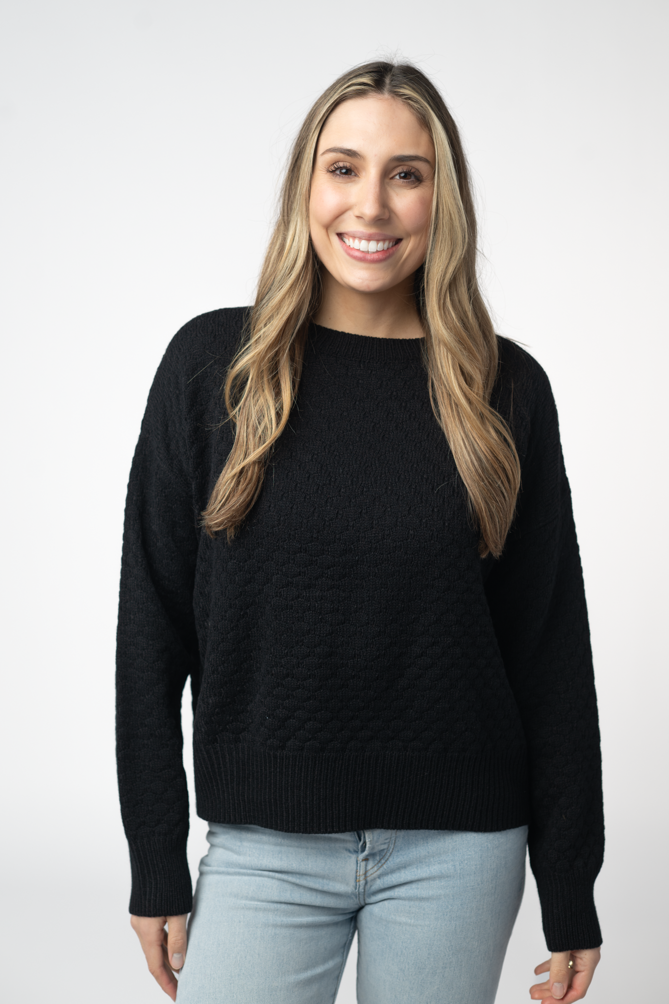 Gianna Crew Neck Pullover Sweater With Fun Pattern And Ribbed Trim In Black