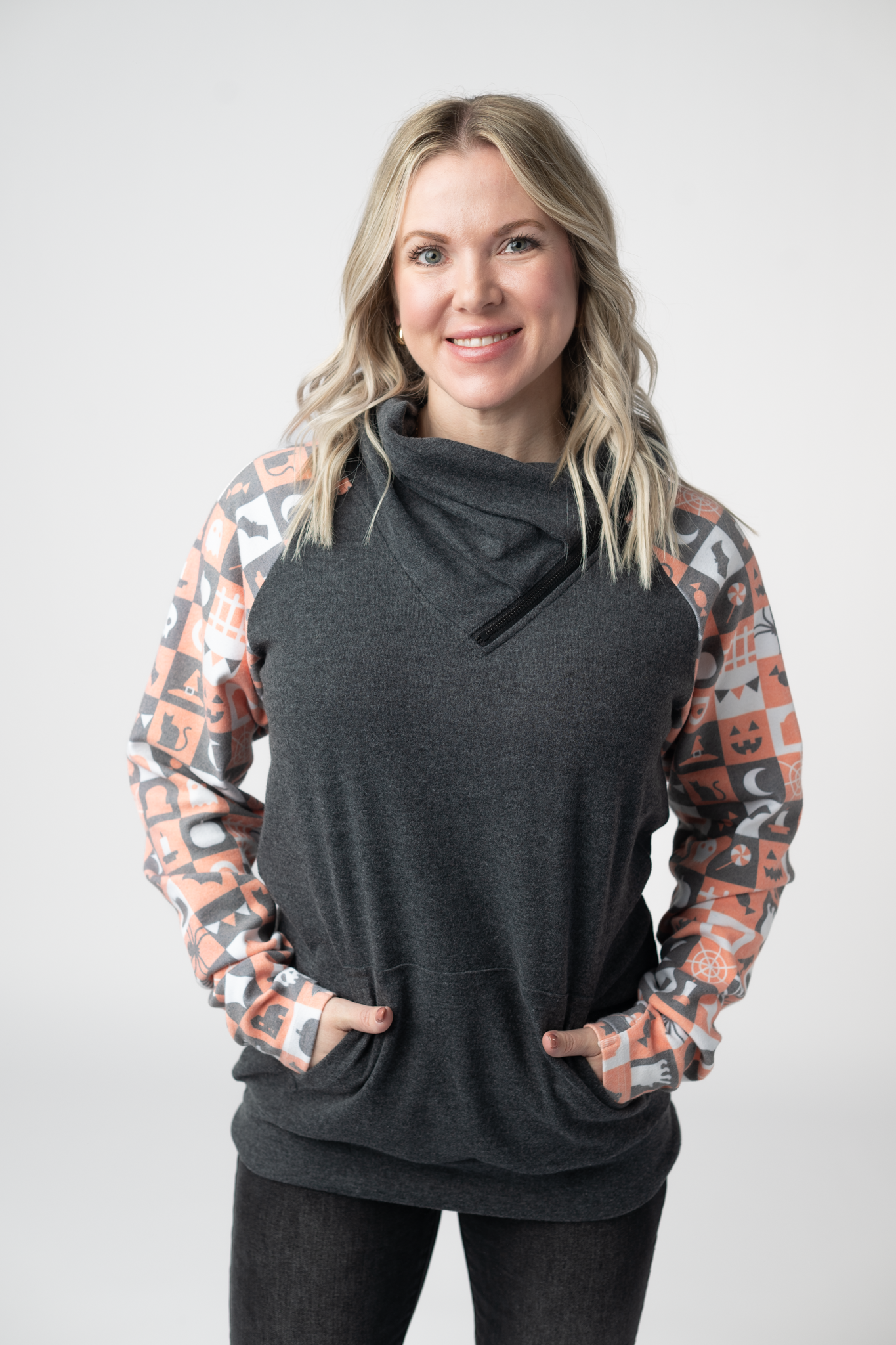 Zoey ZipCowl Sweatshirt -Trick-or-Treat Checkered and Charcoal by Michelle Mae