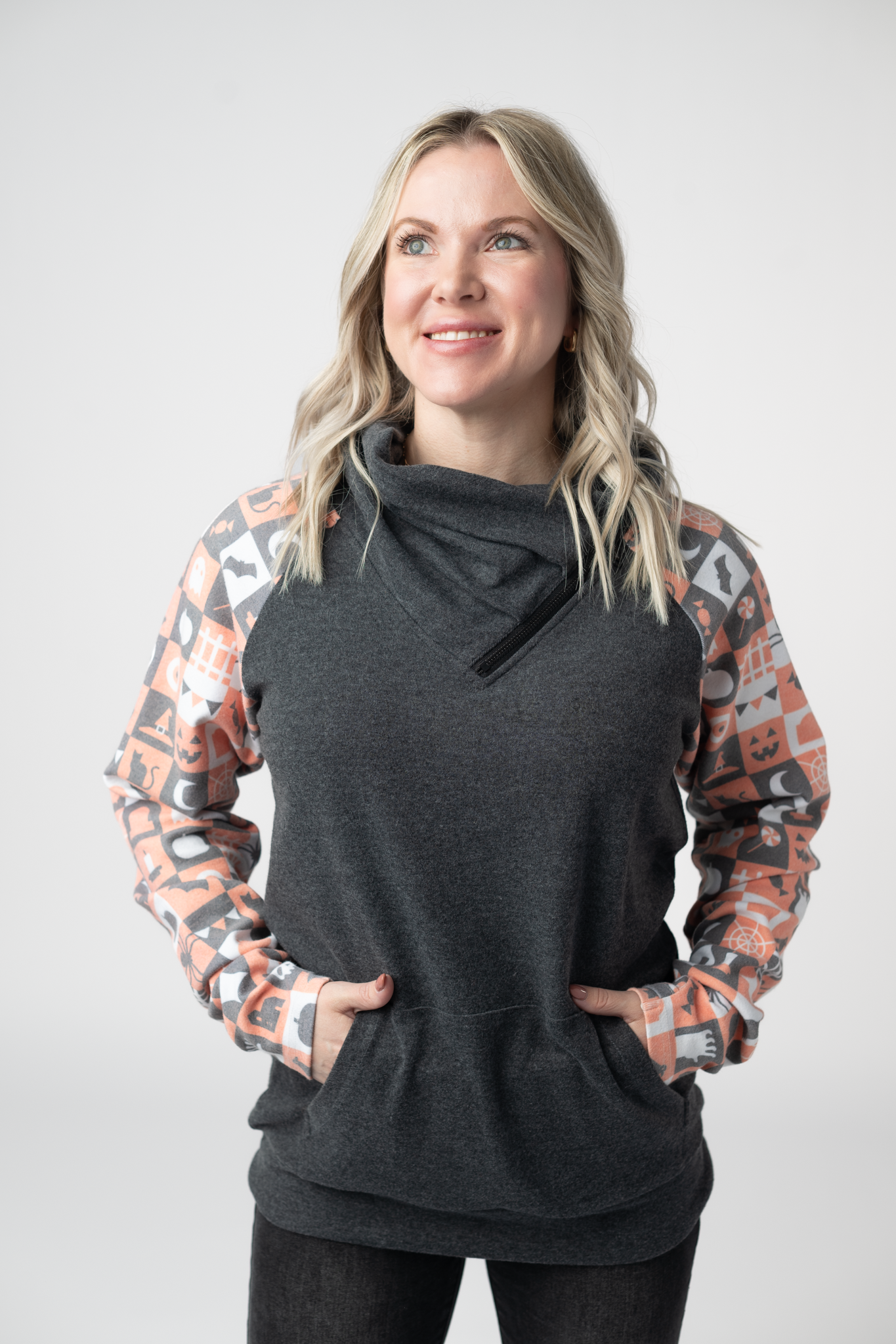 Zoey ZipCowl Sweatshirt -Trick-or-Treat Checkered and Charcoal by Michelle Mae