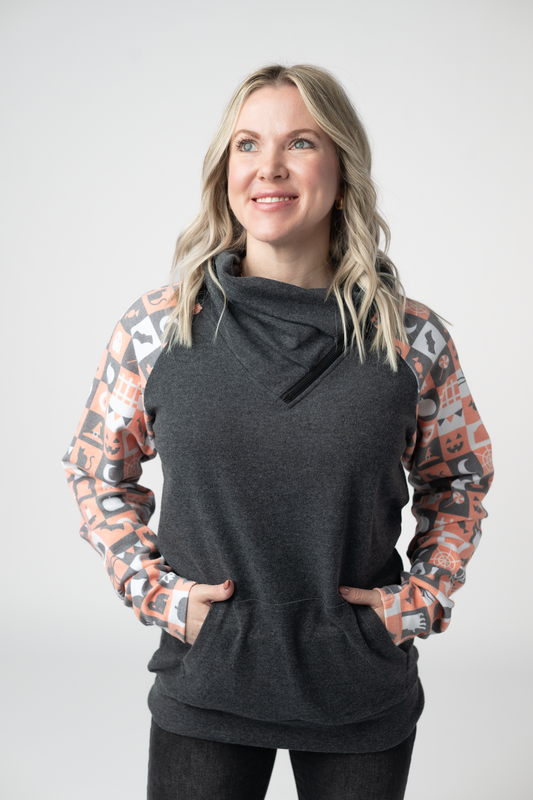 Zoey ZipCowl Sweatshirt -Trick-or-Treat Checkered and Charcoal by Michelle Mae