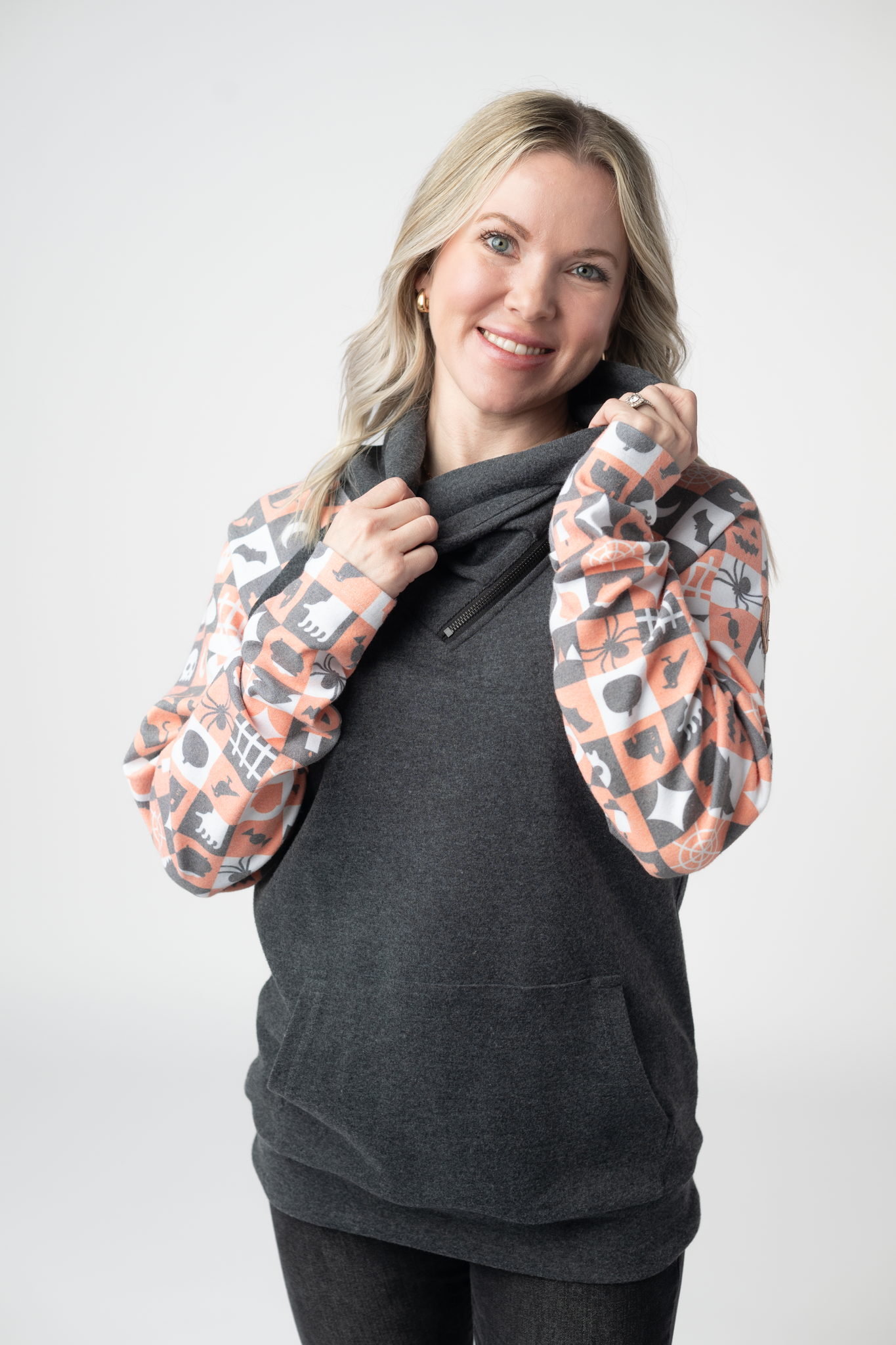 IN STOCK Zoey ZipCowl Sweatshirt -Trick-or-Treat Checkered and Charcoal by Michelle Mae