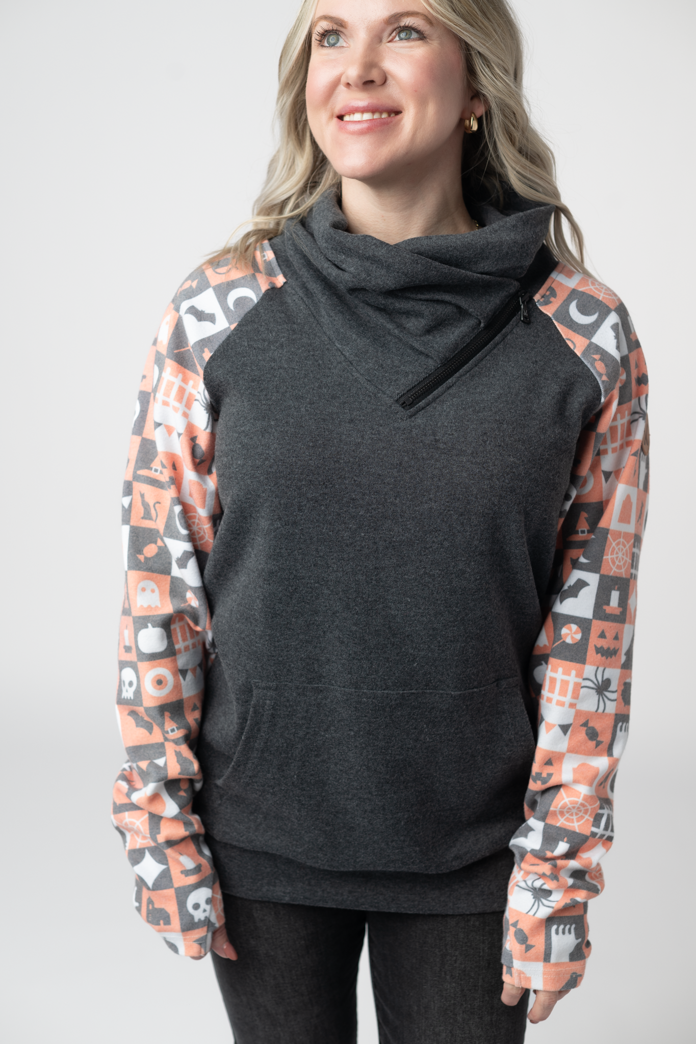 Women Zoey ZipCowl Sweatshirt Checkered Charcoal Zip Up Top With Pocket