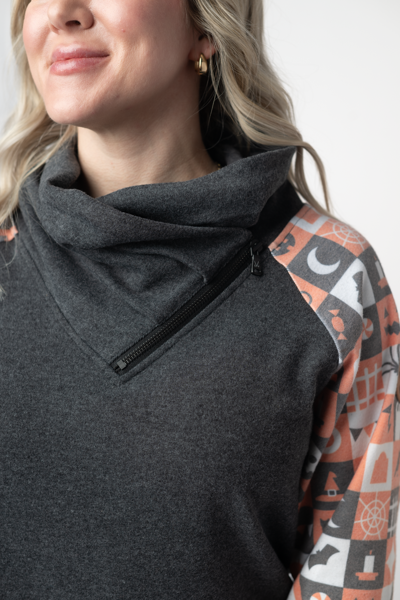 IN STOCK Zoey ZipCowl Sweatshirt -Trick-or-Treat Checkered and Charcoal by Michelle Mae