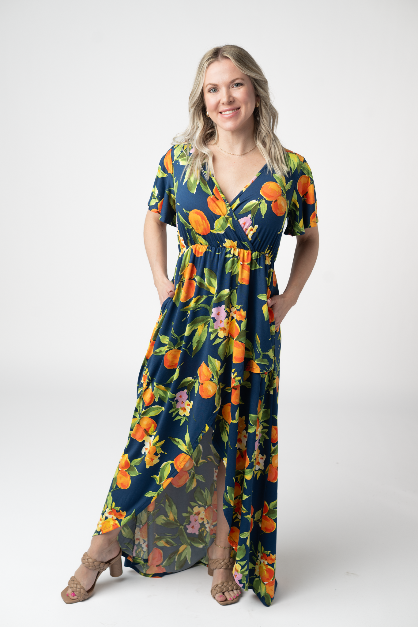 Harley Navy Citrus High Low Dress With Crossover Neckline And Pockets by Michelle Mae