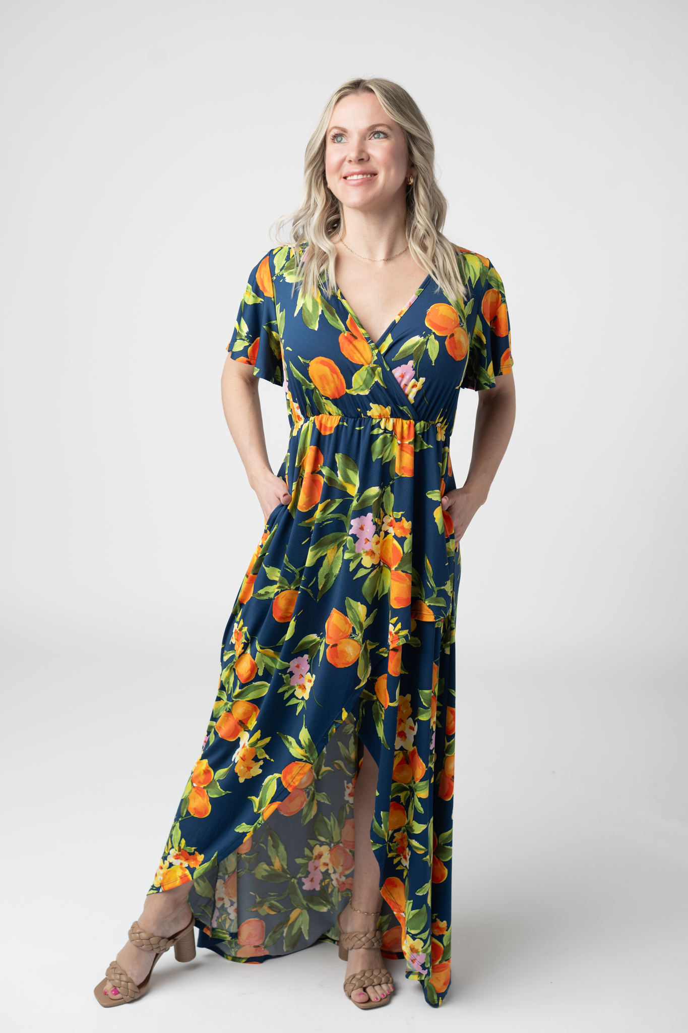 Harley Navy Citrus High Low Dress With Crossover Neckline And Pockets by Michelle Mae