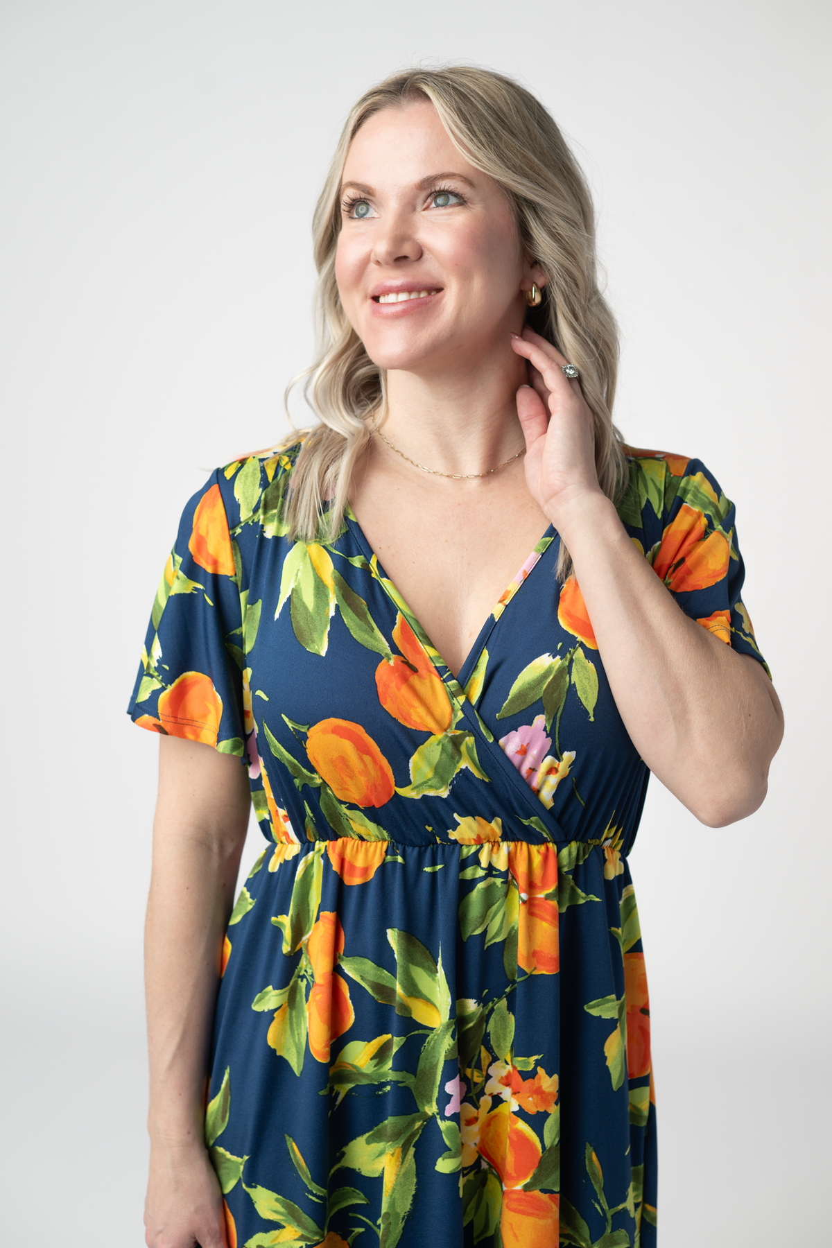 Harley Navy Citrus High Low Dress With Crossover Neckline And Pockets by Michelle Mae