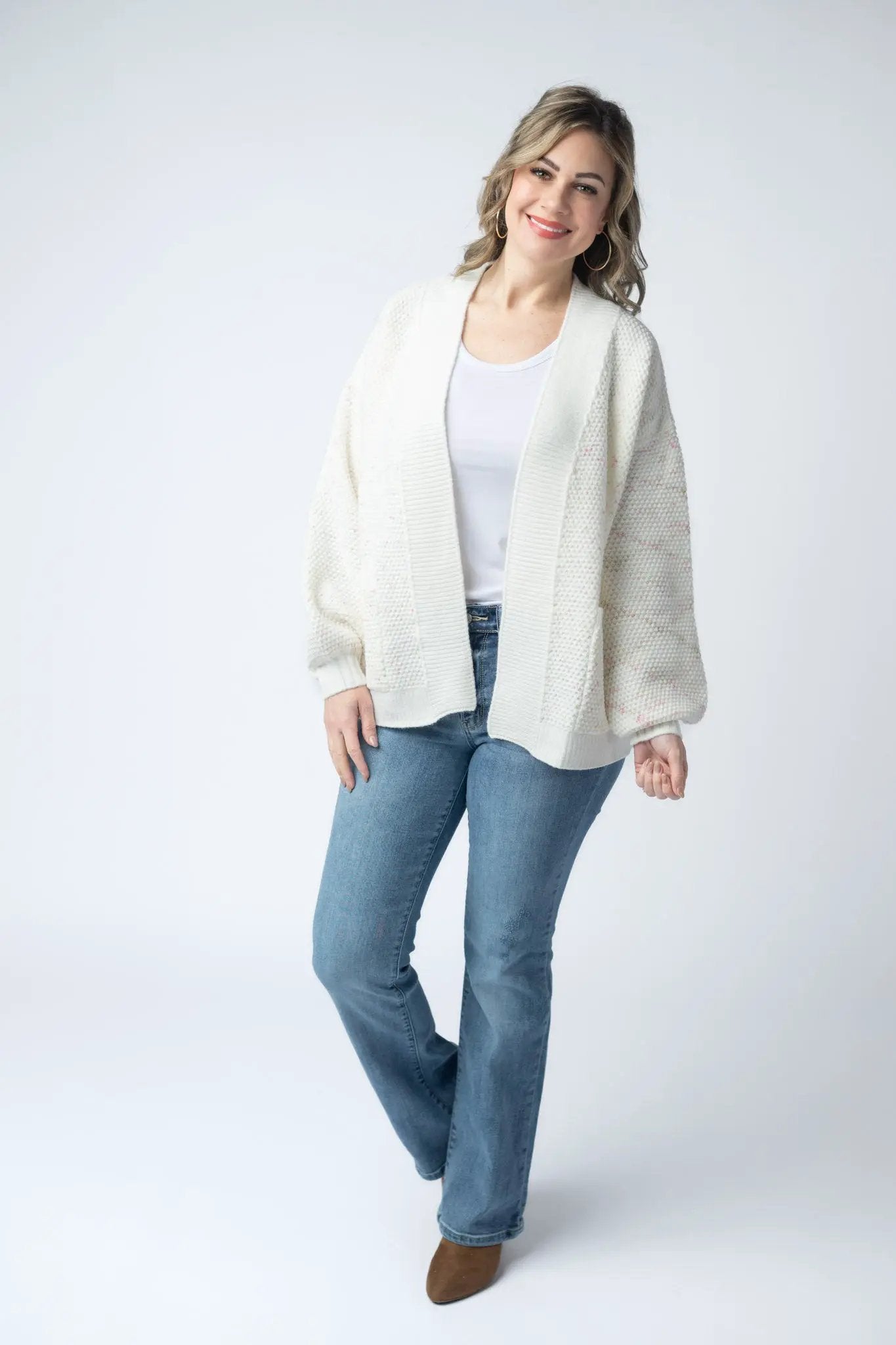 Kinsley Open Front Cardigan Pink And Green Mix Ivory Spring Layering