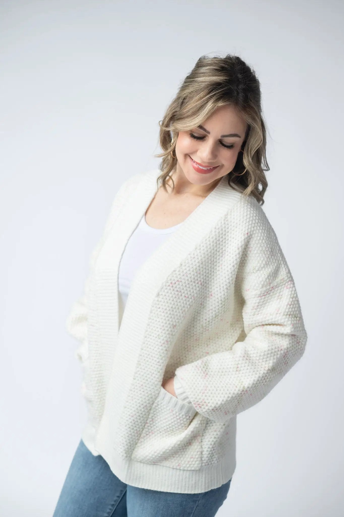 Kinsley Open Front Cardigan Pink And Green Mix Ivory Spring Layering