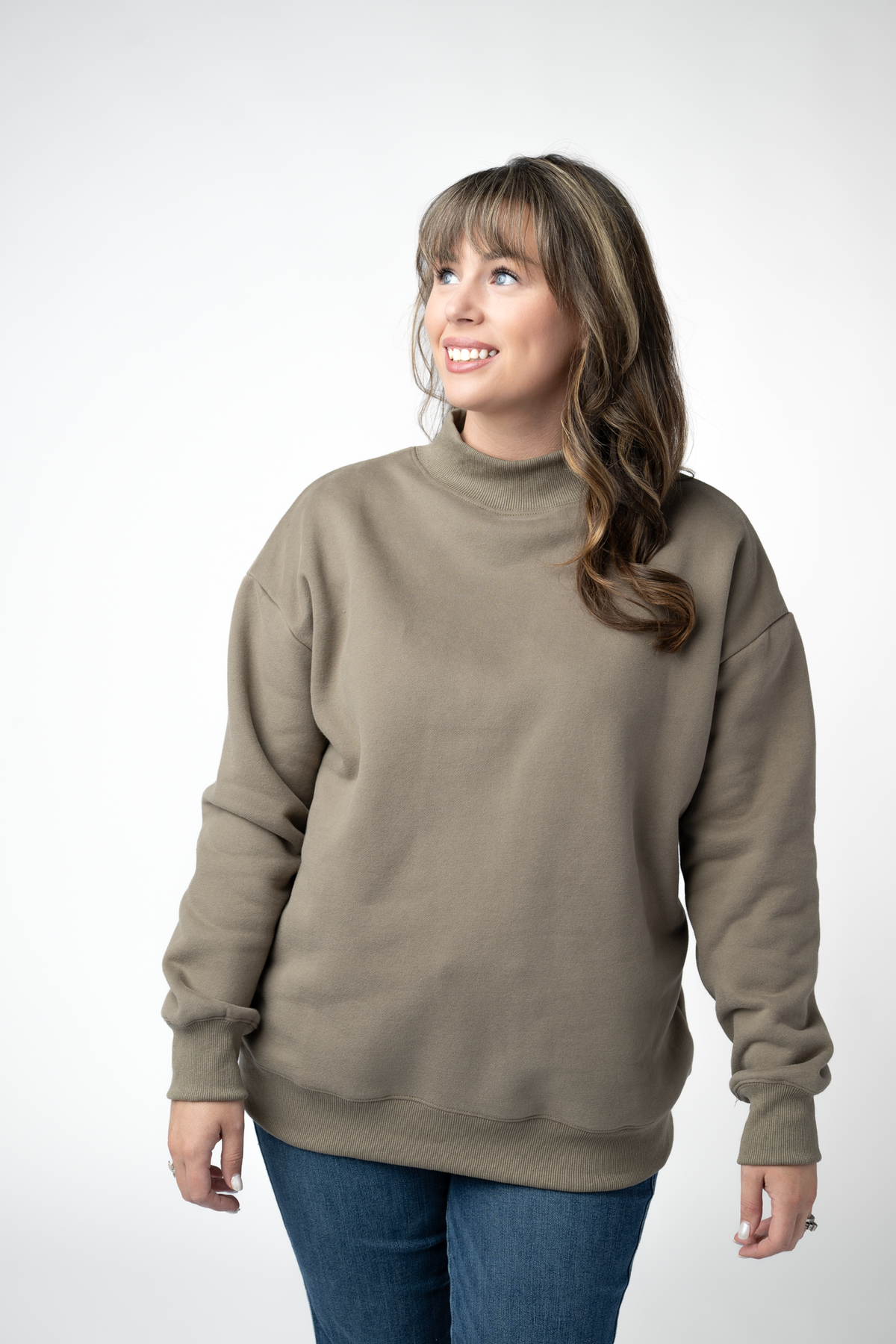 Womens Marley Mock Neck Sweatshirt Fleece Interior Taupe by Michelle Mae
