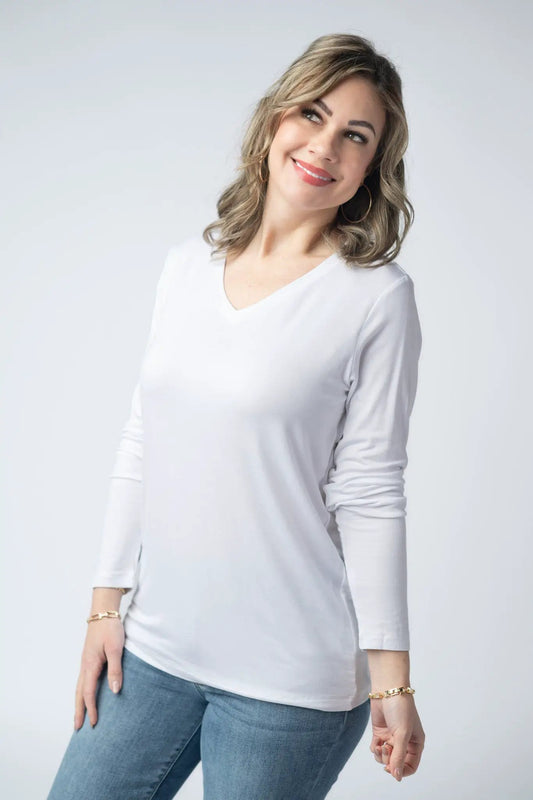 Larissa White Long Sleeve V Neck Soft Rayon Spandex Comfortable Basic Top