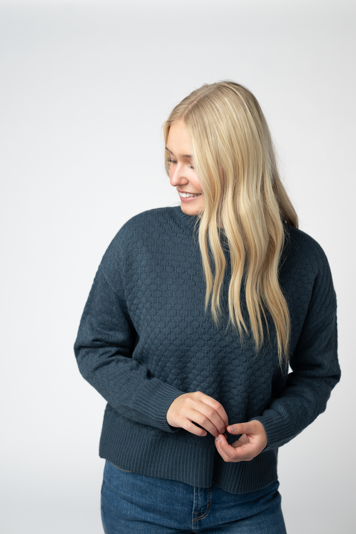 Gianna Teal Crew Neck Pullover Sweater With Fun Pattern