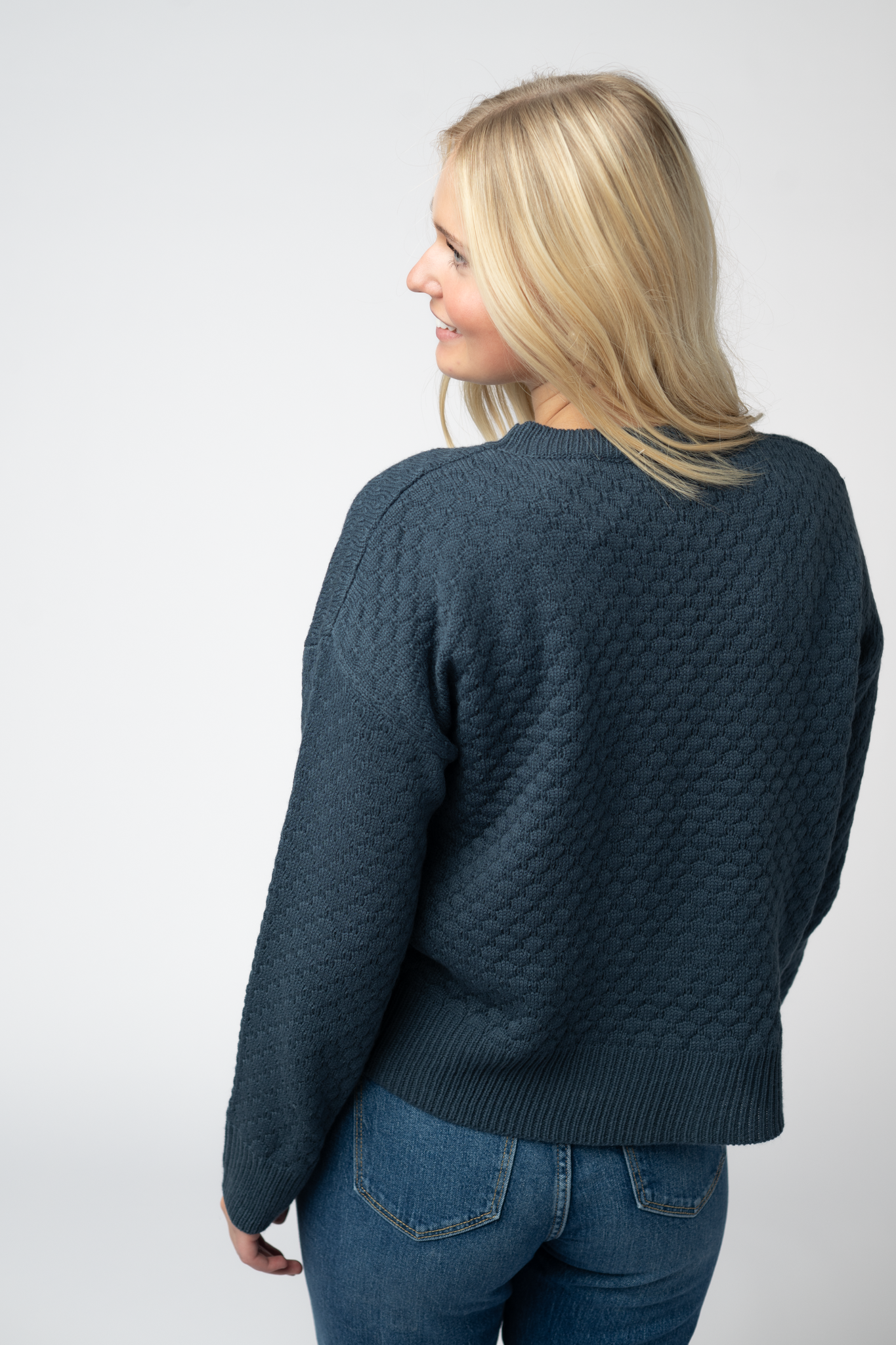 Gianna Teal Crew Neck Pullover Sweater With Fun Pattern