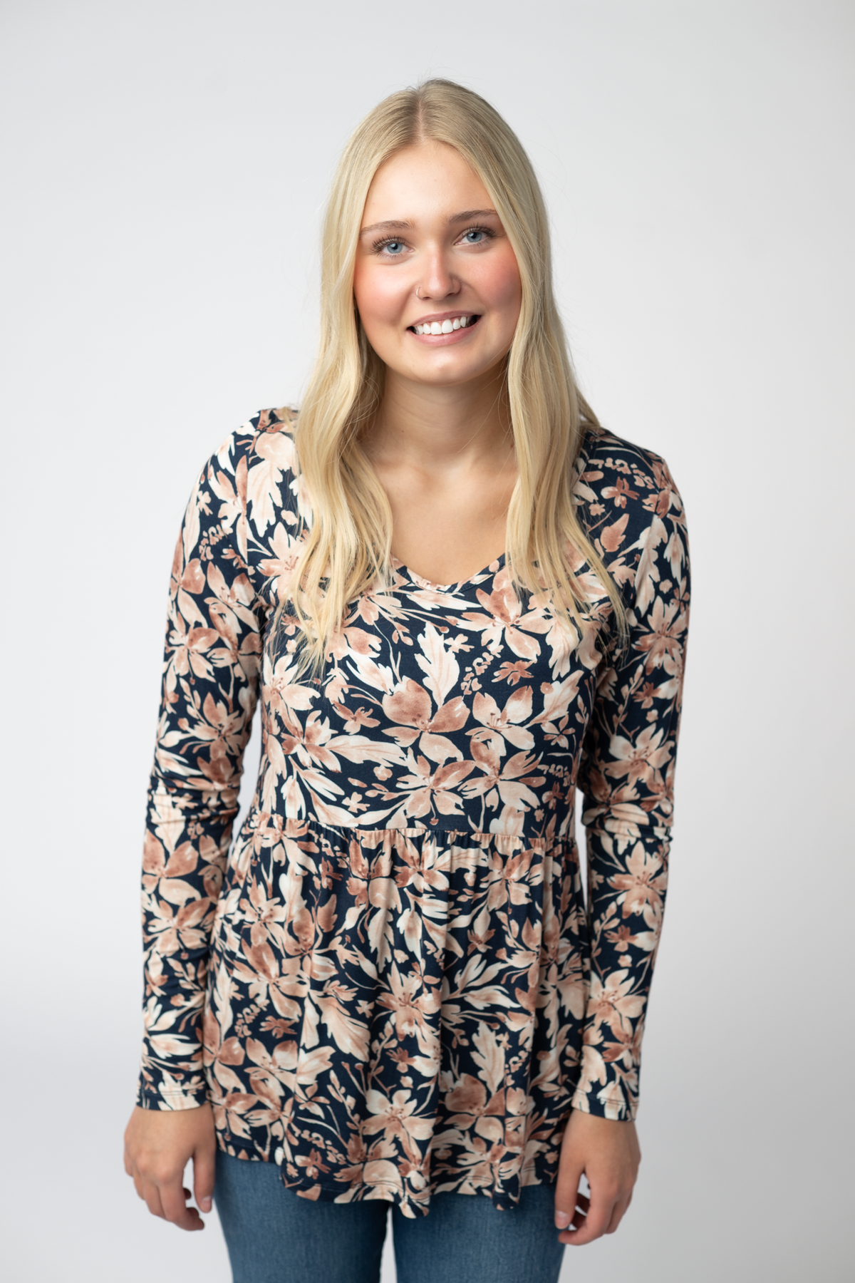IN STOCK Long Sleeve Sarah Ruffle Top - Navy Autumn Petals by Michelle Mae