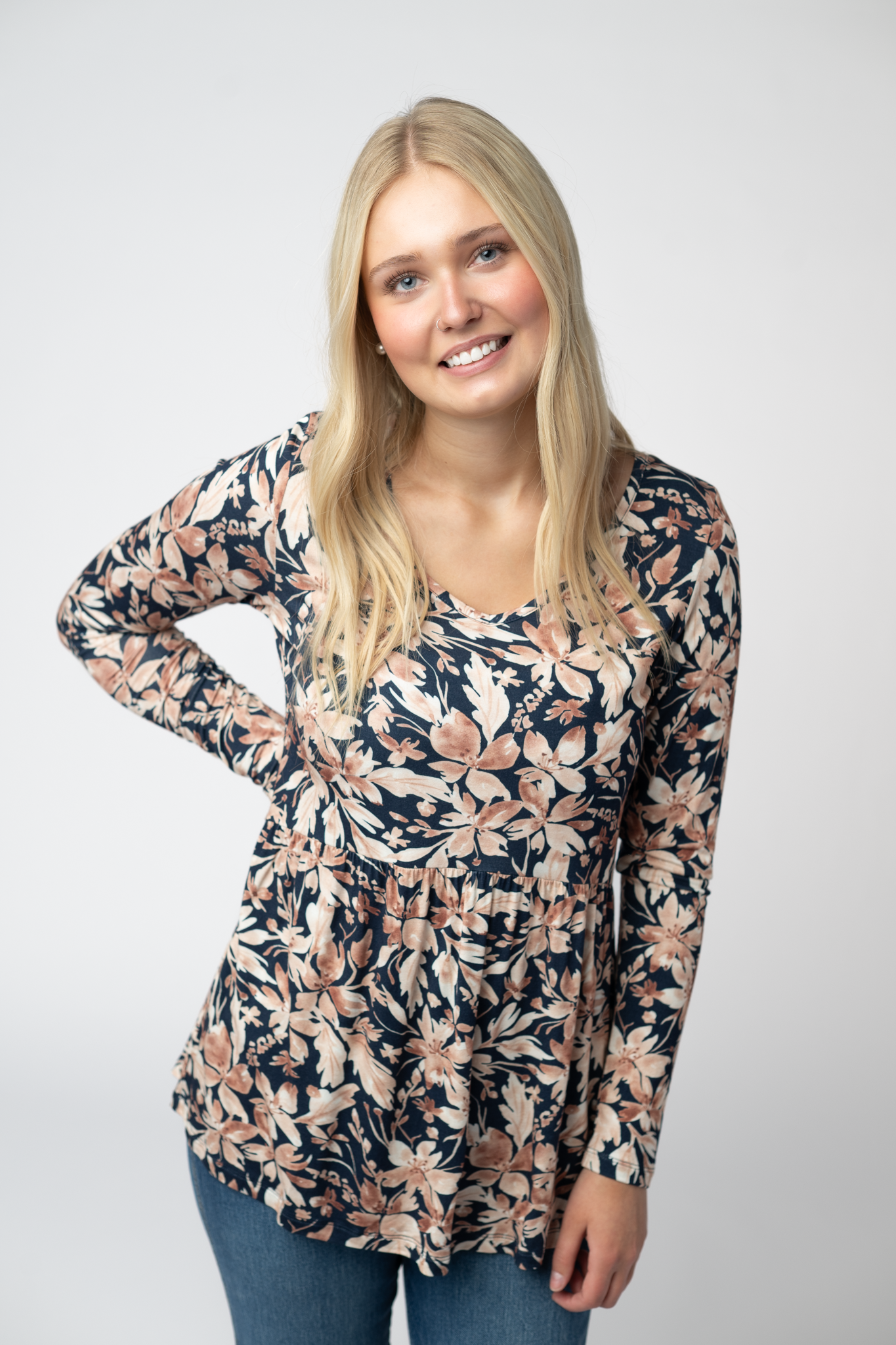 IN STOCK Long Sleeve Sarah Ruffle Top - Navy Autumn Petals by Michelle Mae