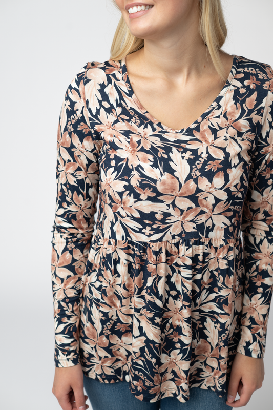 IN STOCK Long Sleeve Sarah Ruffle Top - Navy Autumn Petals by Michelle Mae